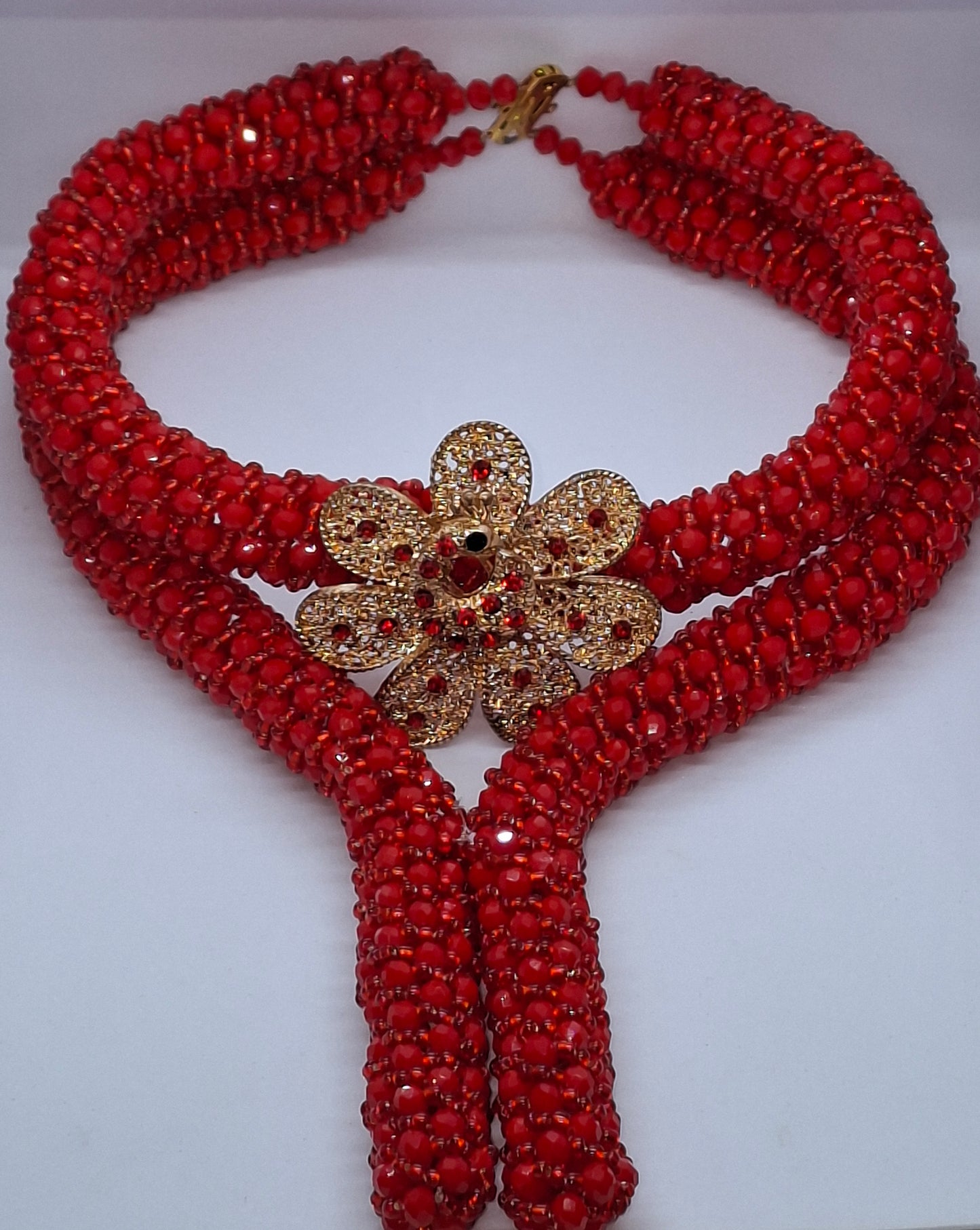 Red Luxury Floral Beaded Necklace Set with Bracelet & Earrings (DSE-ROS-0001)