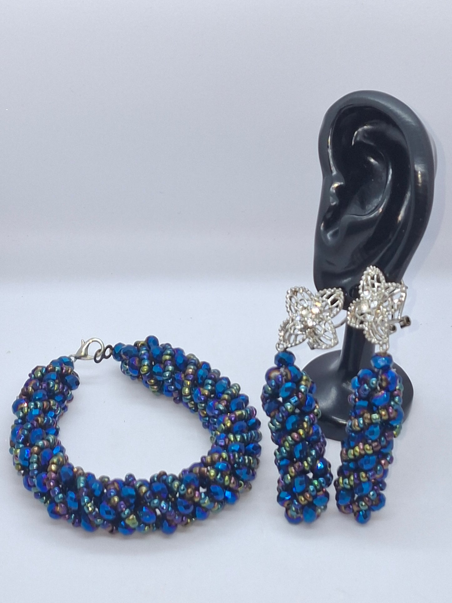 Midnight Blue Luxury Multi-Layered Beaded Necklace Set with Bracelet & Earrings (DSE-NBS-0001)