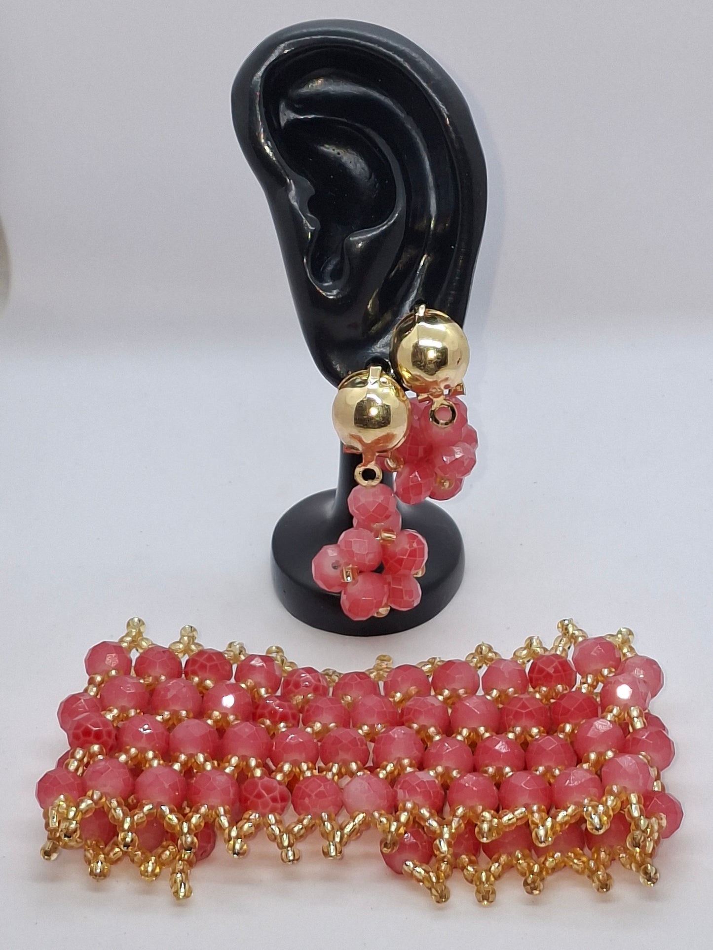 Peach & Gold Luxury Multi-Strand Crystal Beaded Necklace with Statement Brooch, Bracelet and Earrings (DSE-SPG-0001)