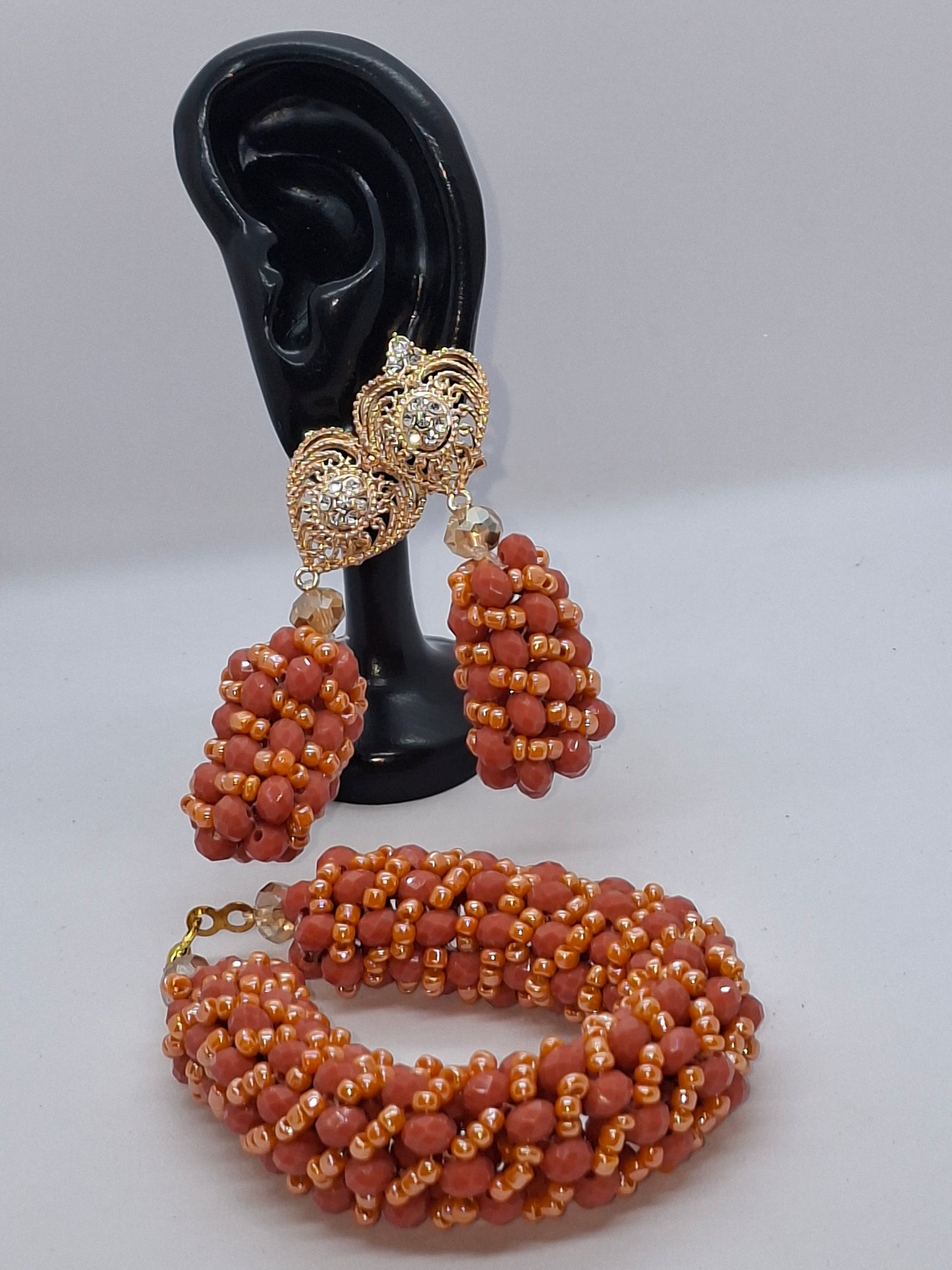 Coral Luxury Multi-Layered Beaded Necklace Set with Crystal Brooch & Earrings (DSE-LSC-0001)