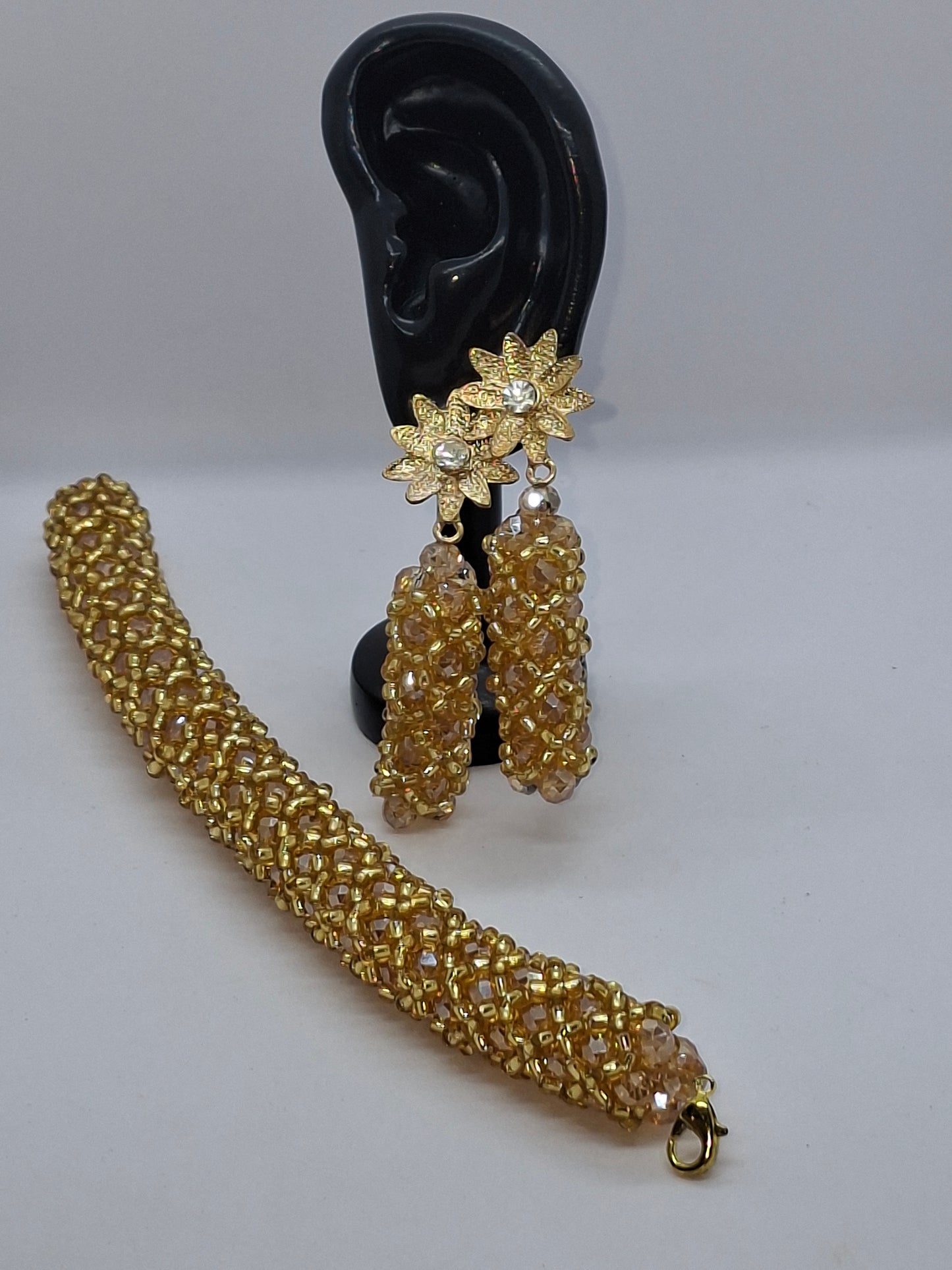 Champagne Gold Luxury Knot Beaded Necklace Set with Bracelet & Earrings (DSE-GLD-0001)