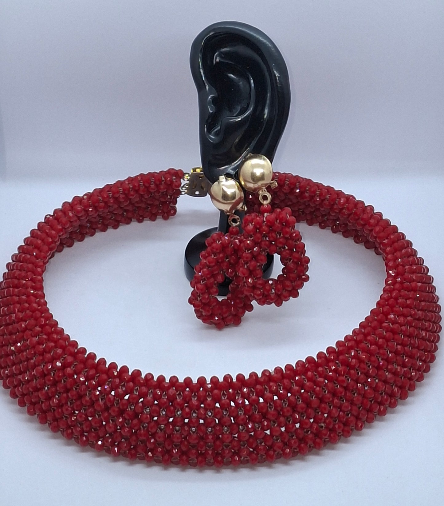 Ruby Red Luxury Handcrafted Beaded Necklace Set with Bracelet & Earrings (DSE-RNS-0001)