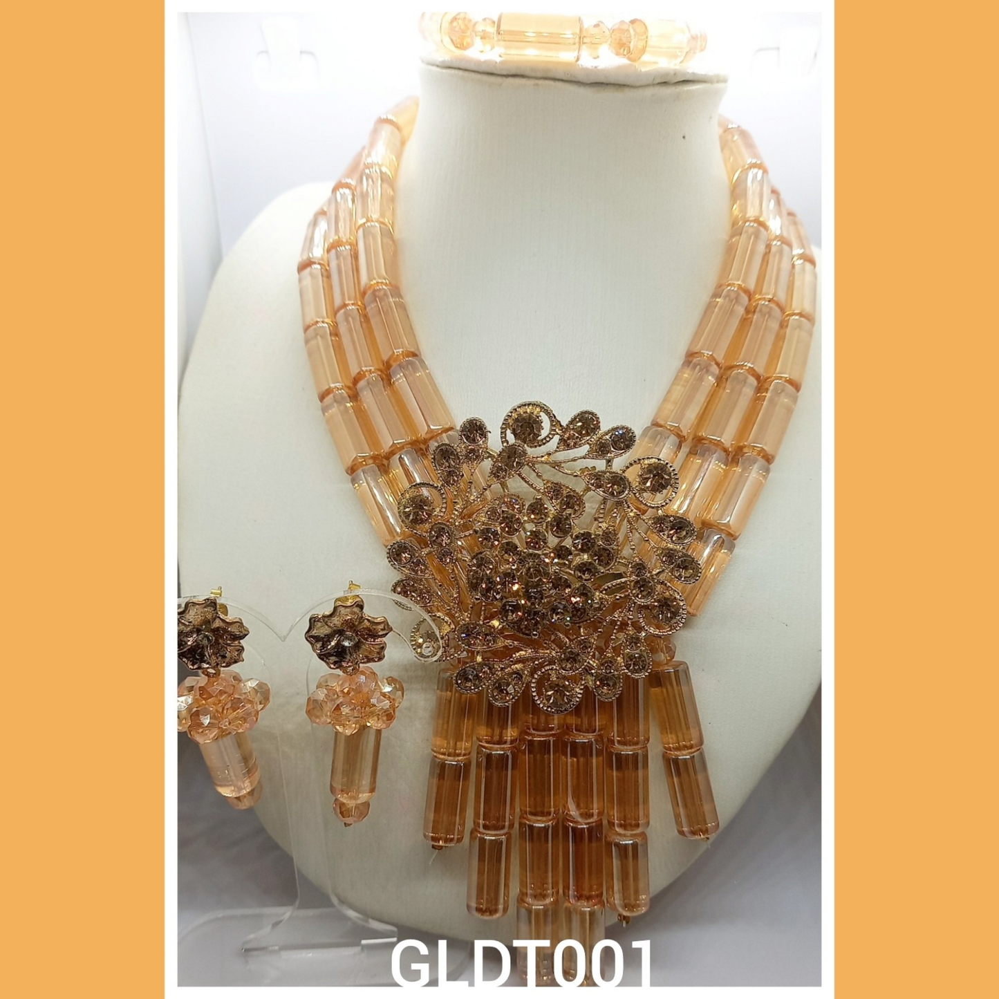Gold and Wine Crystal glass tube with brooch necklace and bracelet and earrings (GLDWT003)