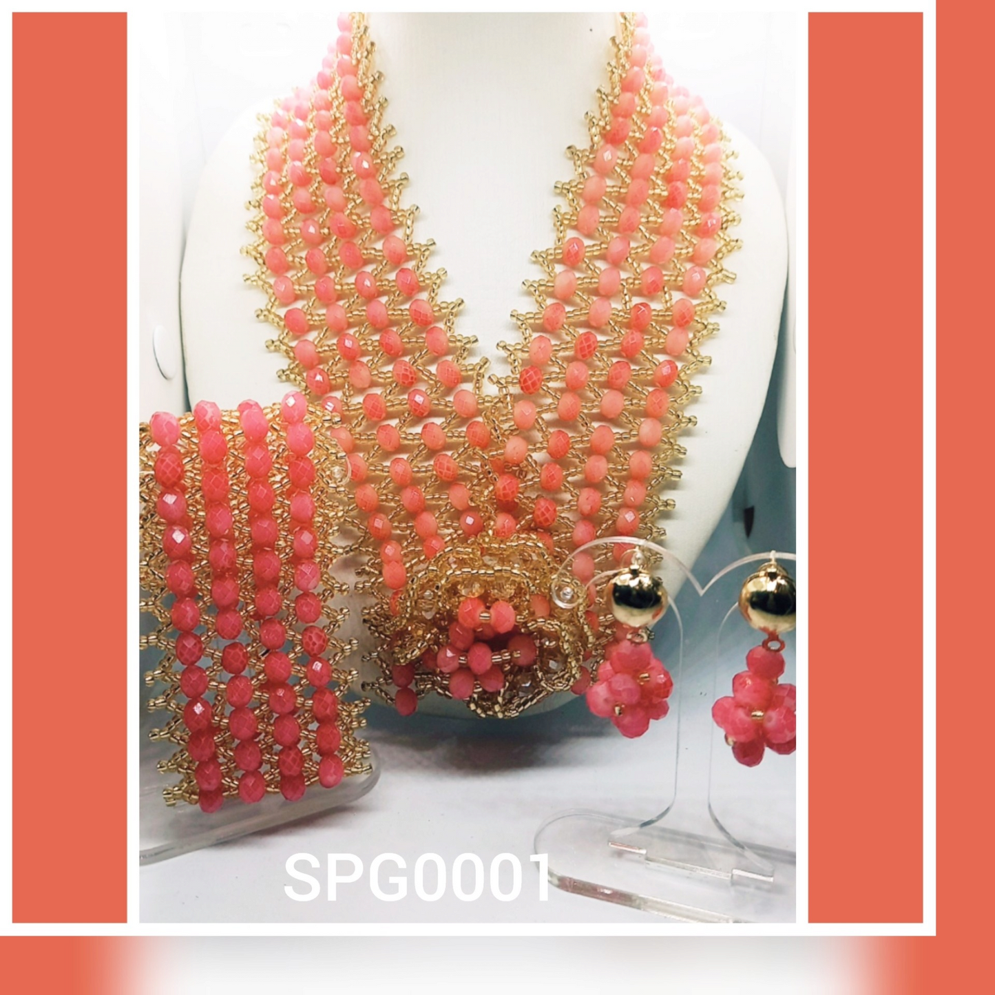 Peach & Gold Luxury Multi-Strand Crystal Beaded Necklace with Statement Brooch, Bracelet and Earrings (DSE-SPG-0001)