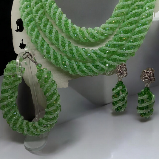 Mint Green Spiral Twist Luxury Beaded Necklace Set with Bracelet & Earrings (DSE-MTGRN-0001)