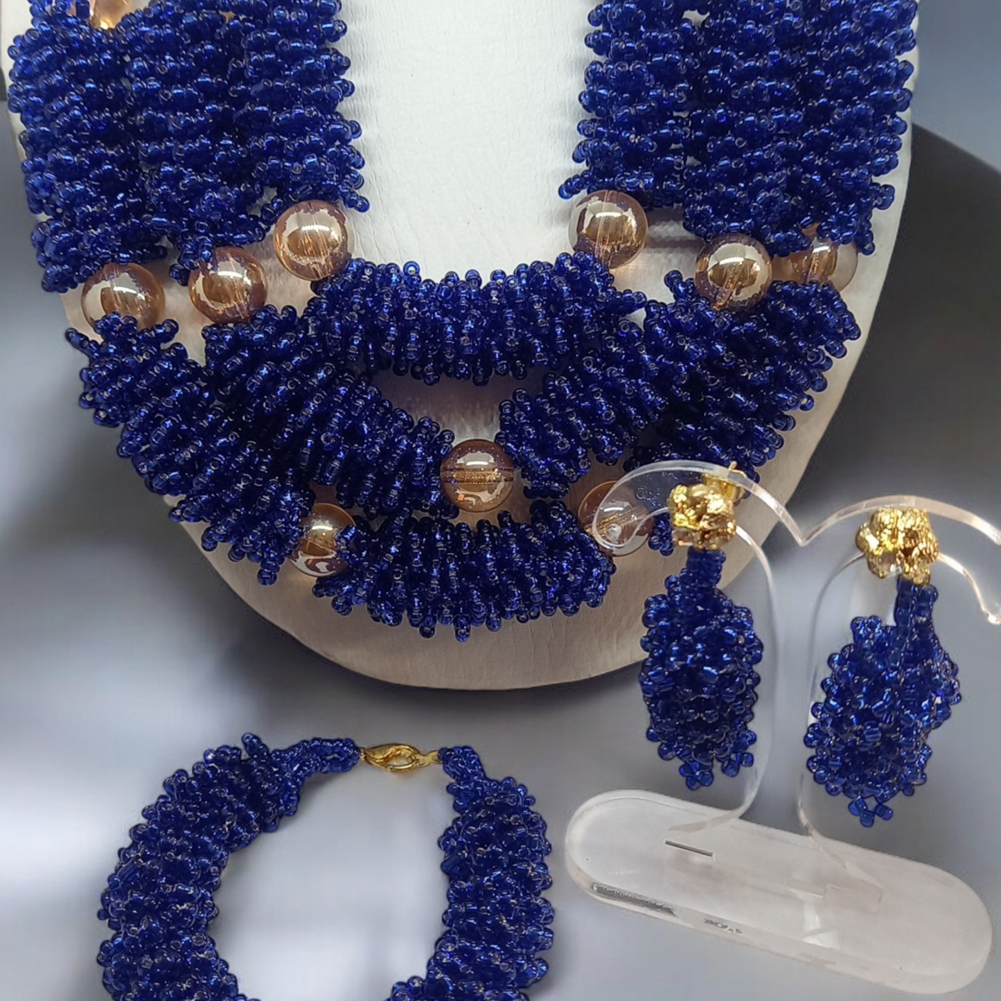 Royal Blue Cluster Beaded Necklace Set with Gold Accent Balls, Bracelet & Earrings (DSE-RBL002)