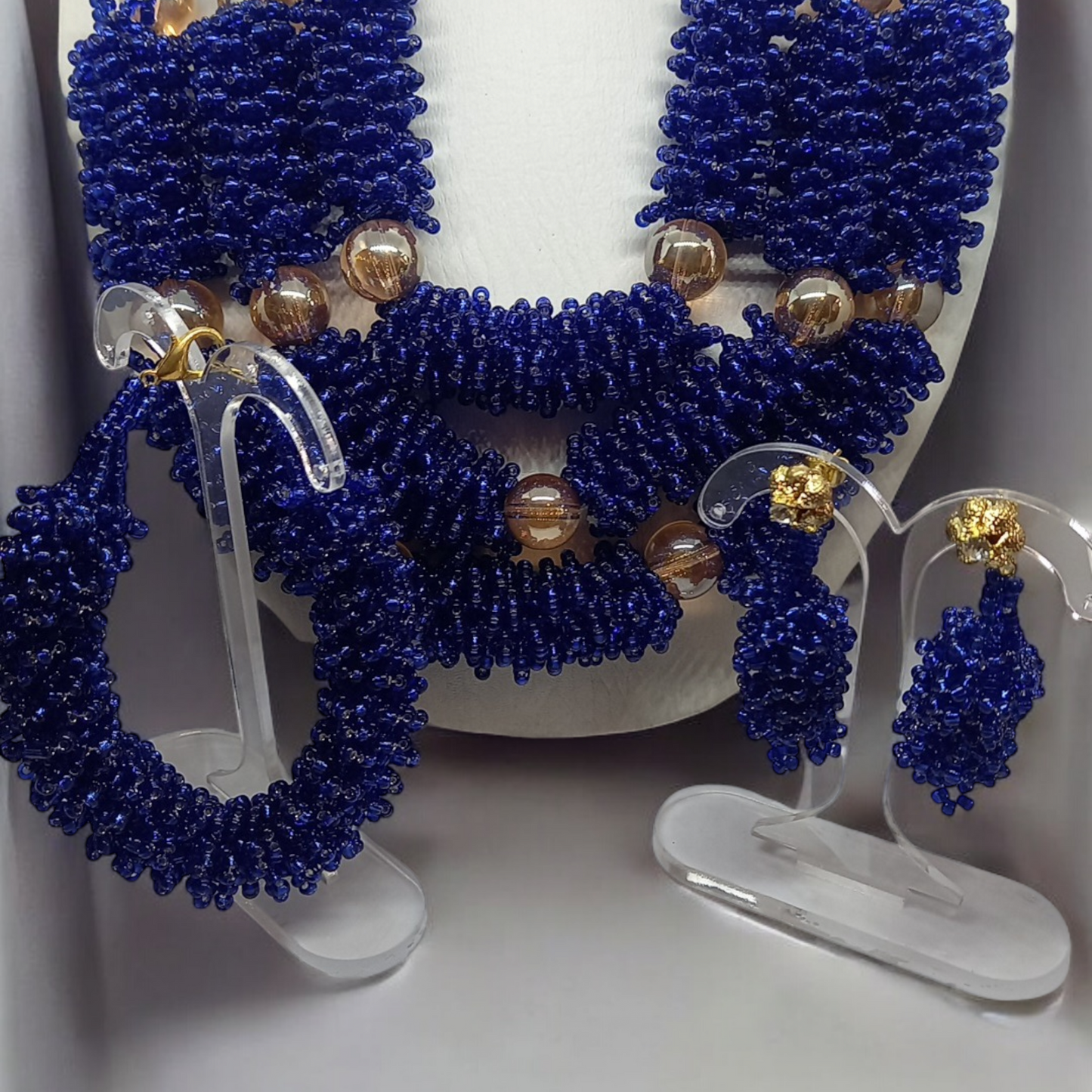 Royal Blue Cluster Beaded Necklace Set with Gold Accent Balls, Bracelet & Earrings (DSE-RBL002)