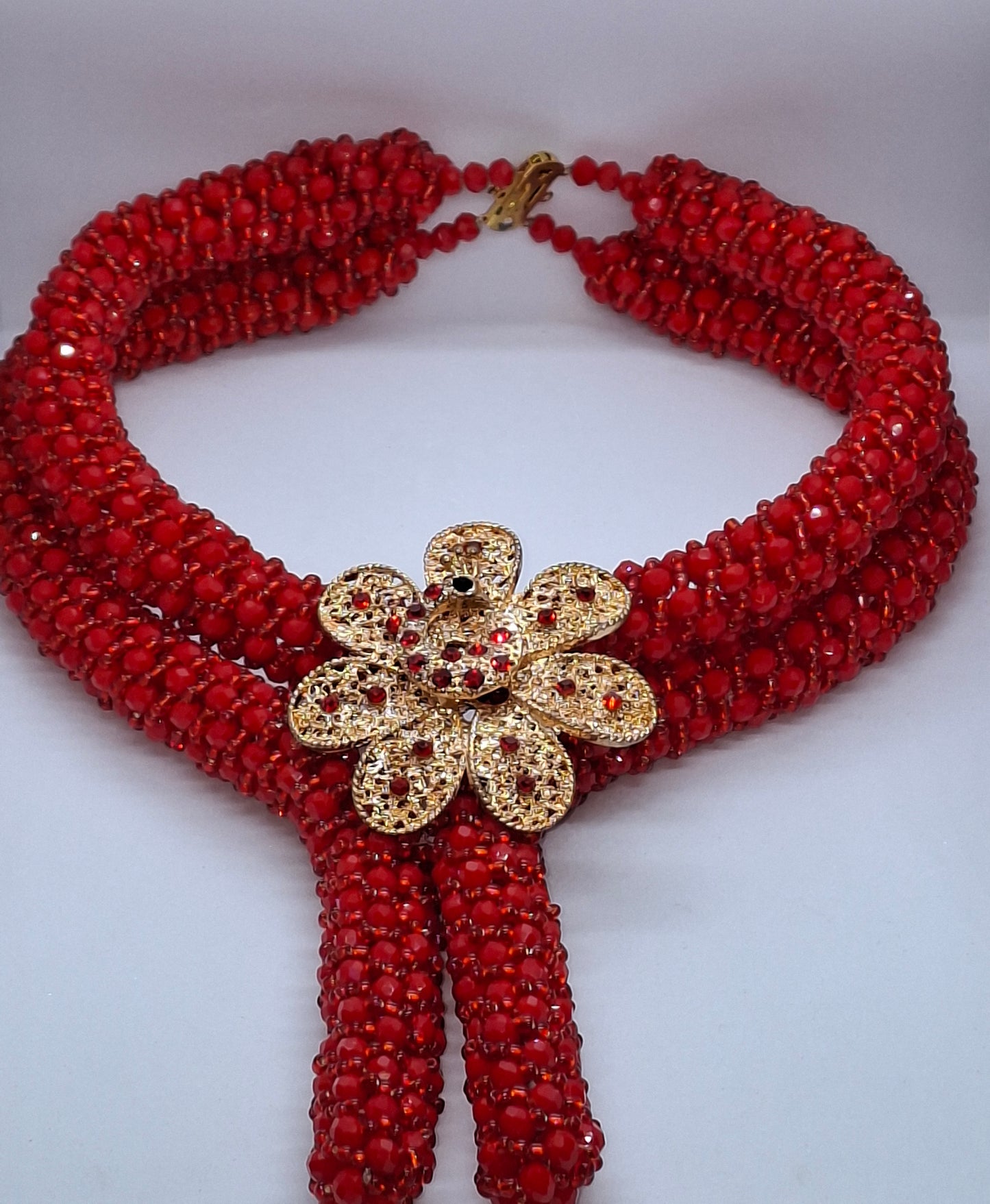 Red Luxury Floral Beaded Necklace Set with Bracelet & Earrings (DSE-ROS-0001)