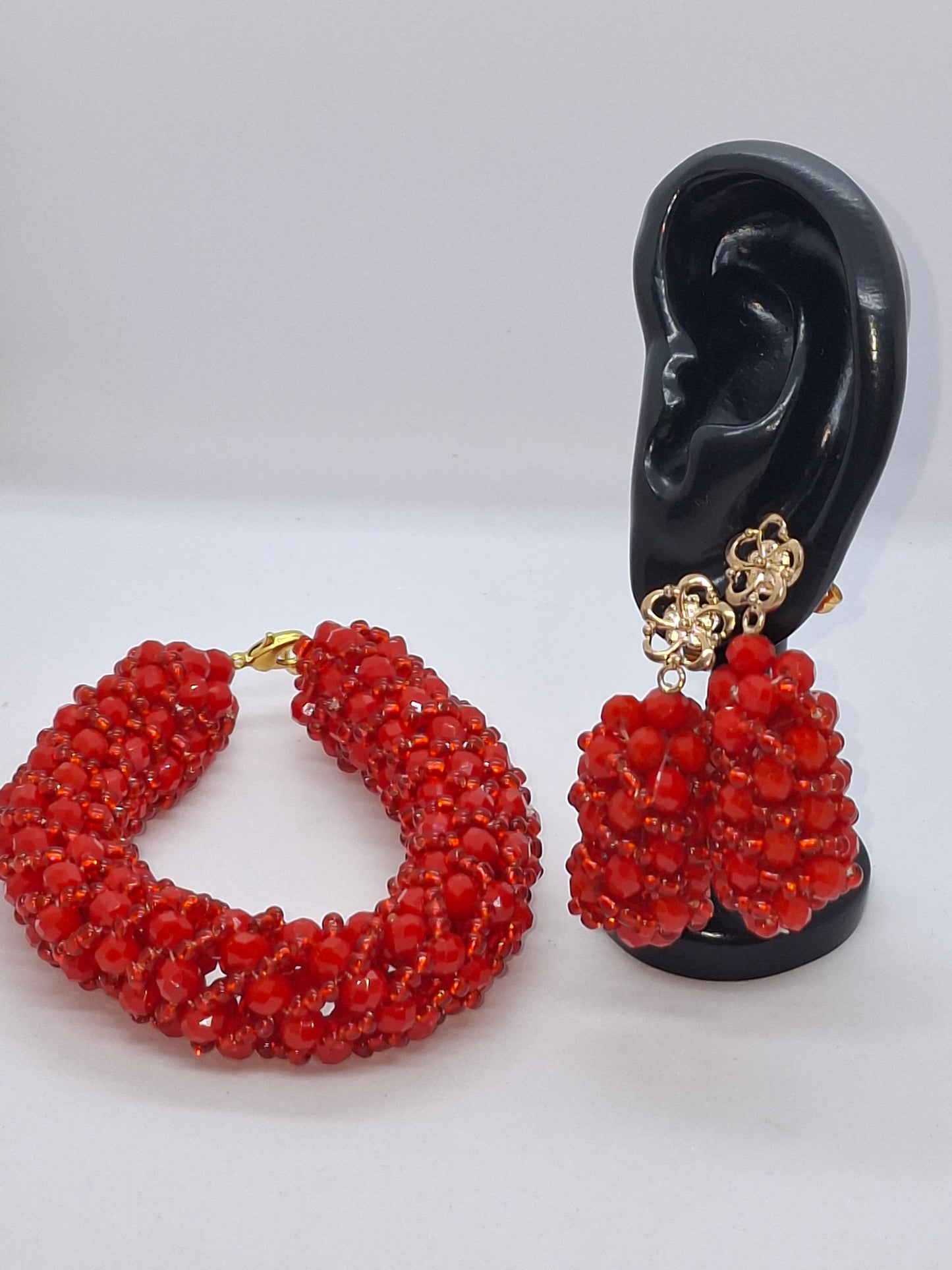 Red Luxury Floral Beaded Necklace Set with Bracelet & Earrings (DSE-ROS-0001)