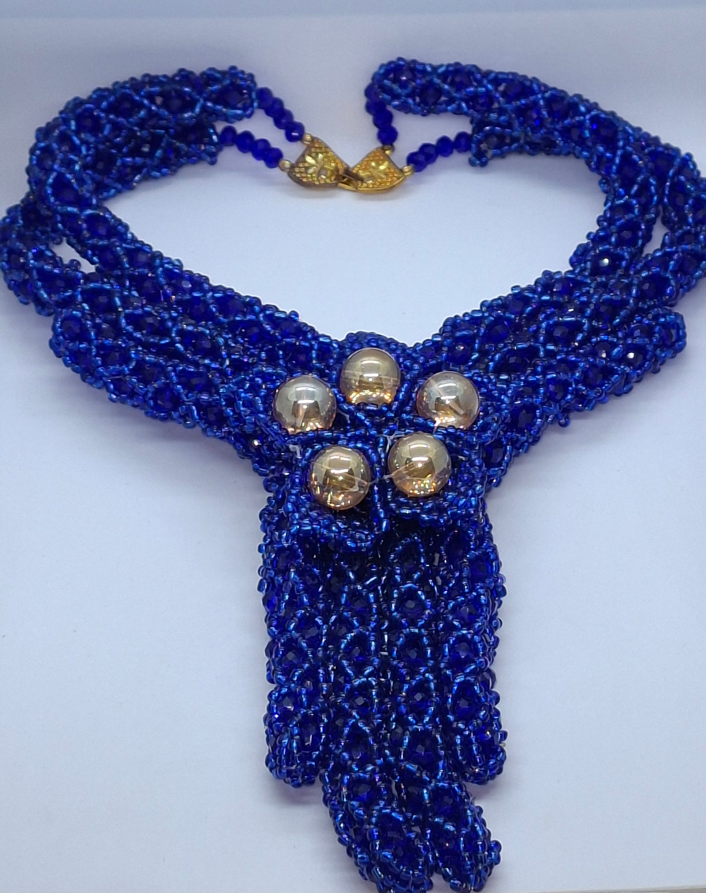Royal Blue Woven V-Neck Beaded Necklace Set with Gold Accent Balls, Bracelet & Earrings (DSE-RBL0003)