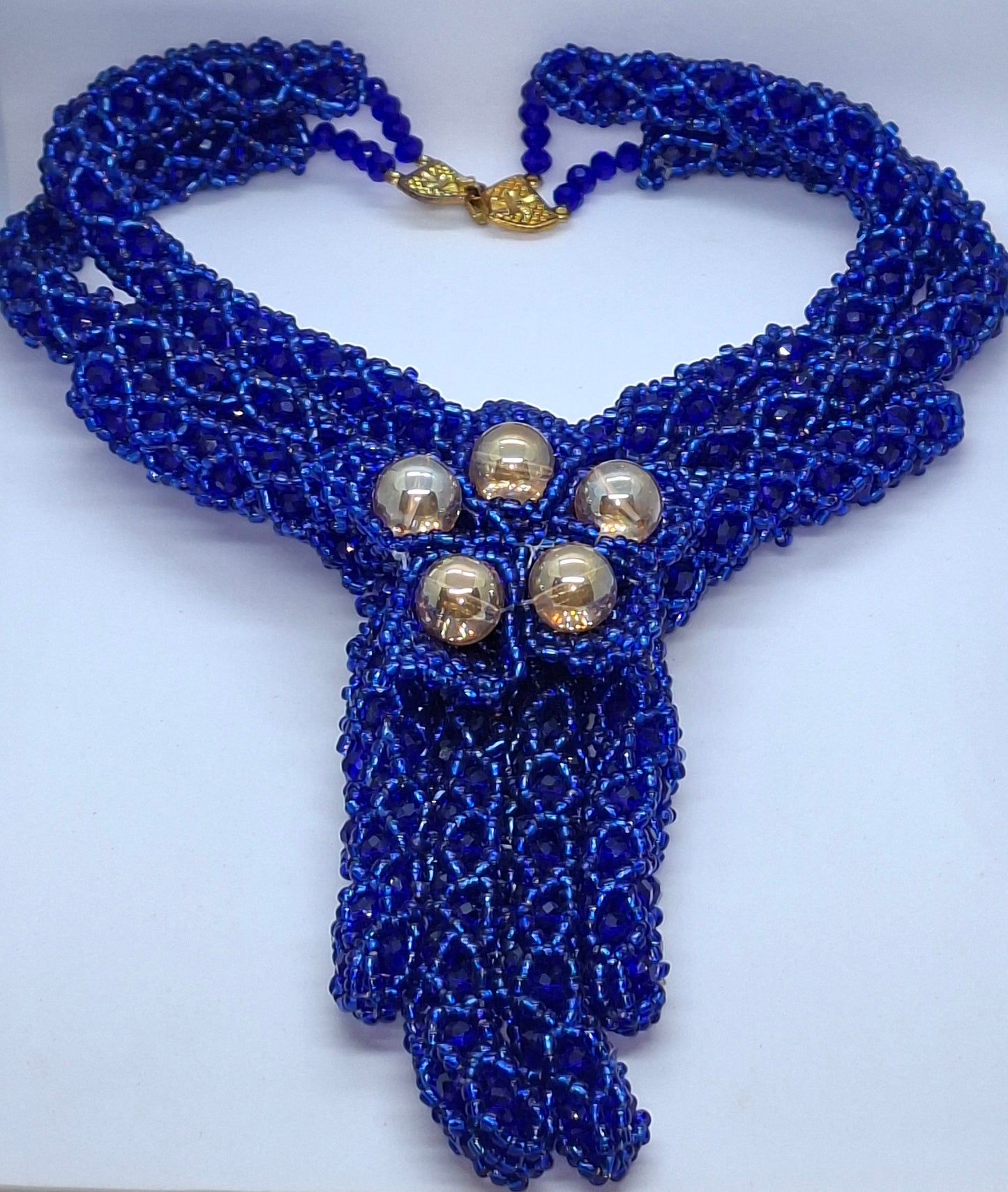 Royal Blue Woven V-Neck Beaded Necklace Set with Gold Accent Balls, Bracelet & Earrings (DSE-RBL0003)