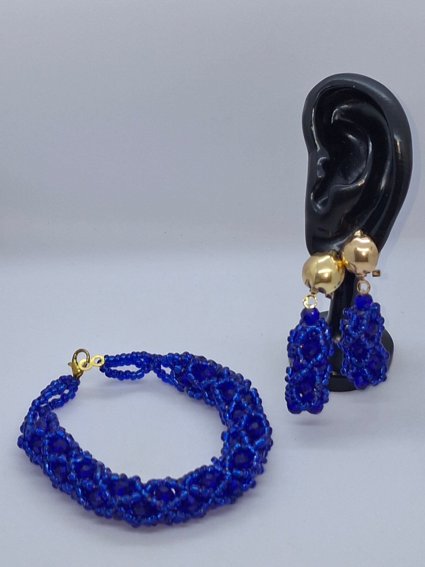 Royal Blue Woven V-Neck Beaded Necklace Set with Gold Accent Balls, Bracelet & Earrings (DSE-RBL0003)