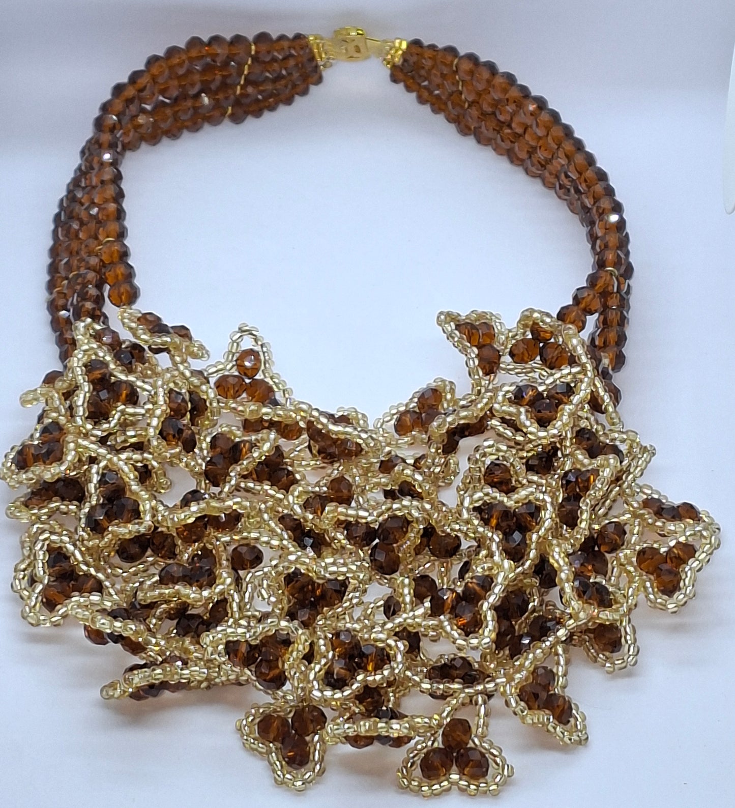 Coffee Brown & Gold Luxury Floral Cluster Beaded Necklace Set with Bracelet & Earrings (DSE-BSS-0001)