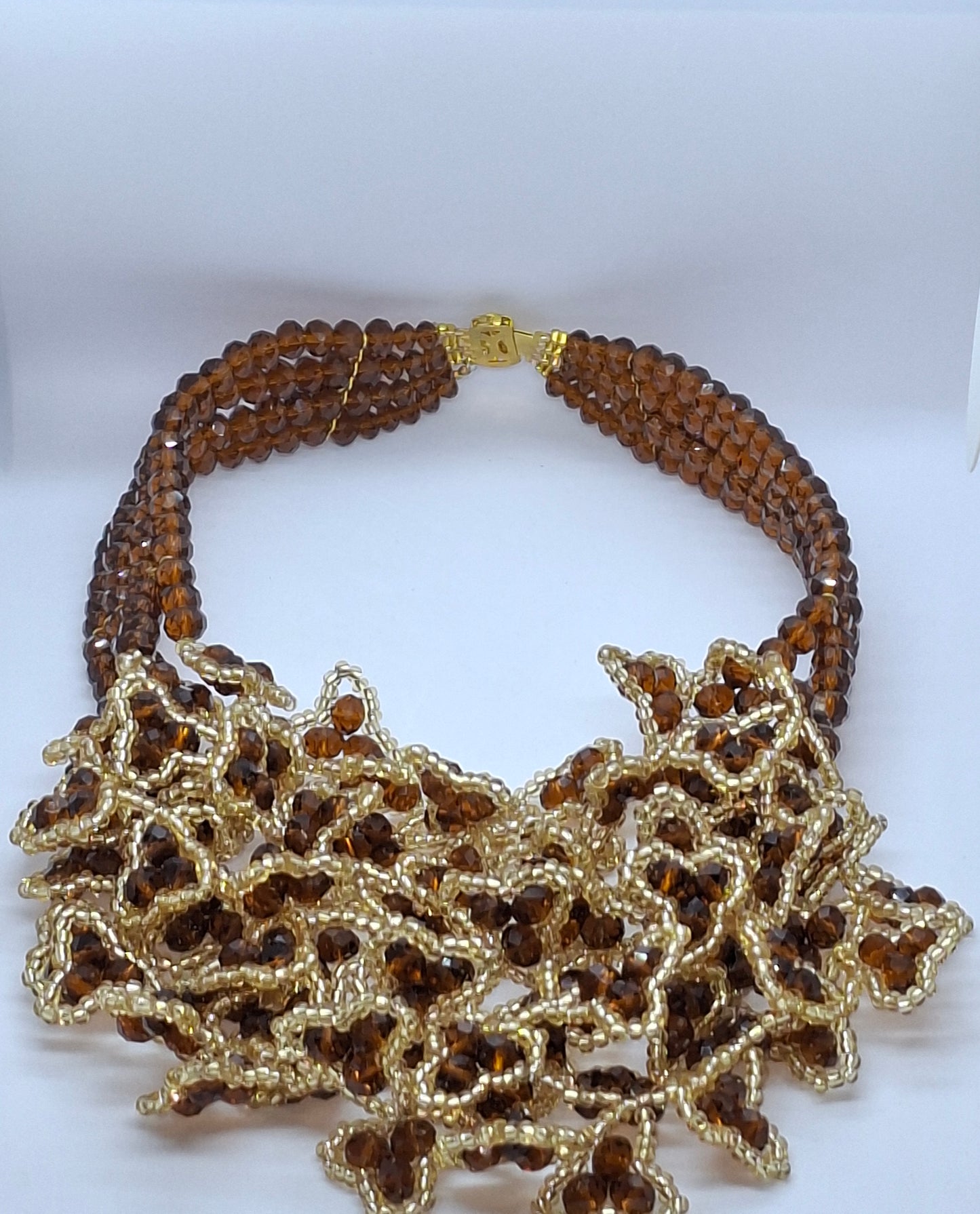 Coffee Brown & Gold Luxury Floral Cluster Beaded Necklace Set with Bracelet & Earrings (DSE-BSS-0001)