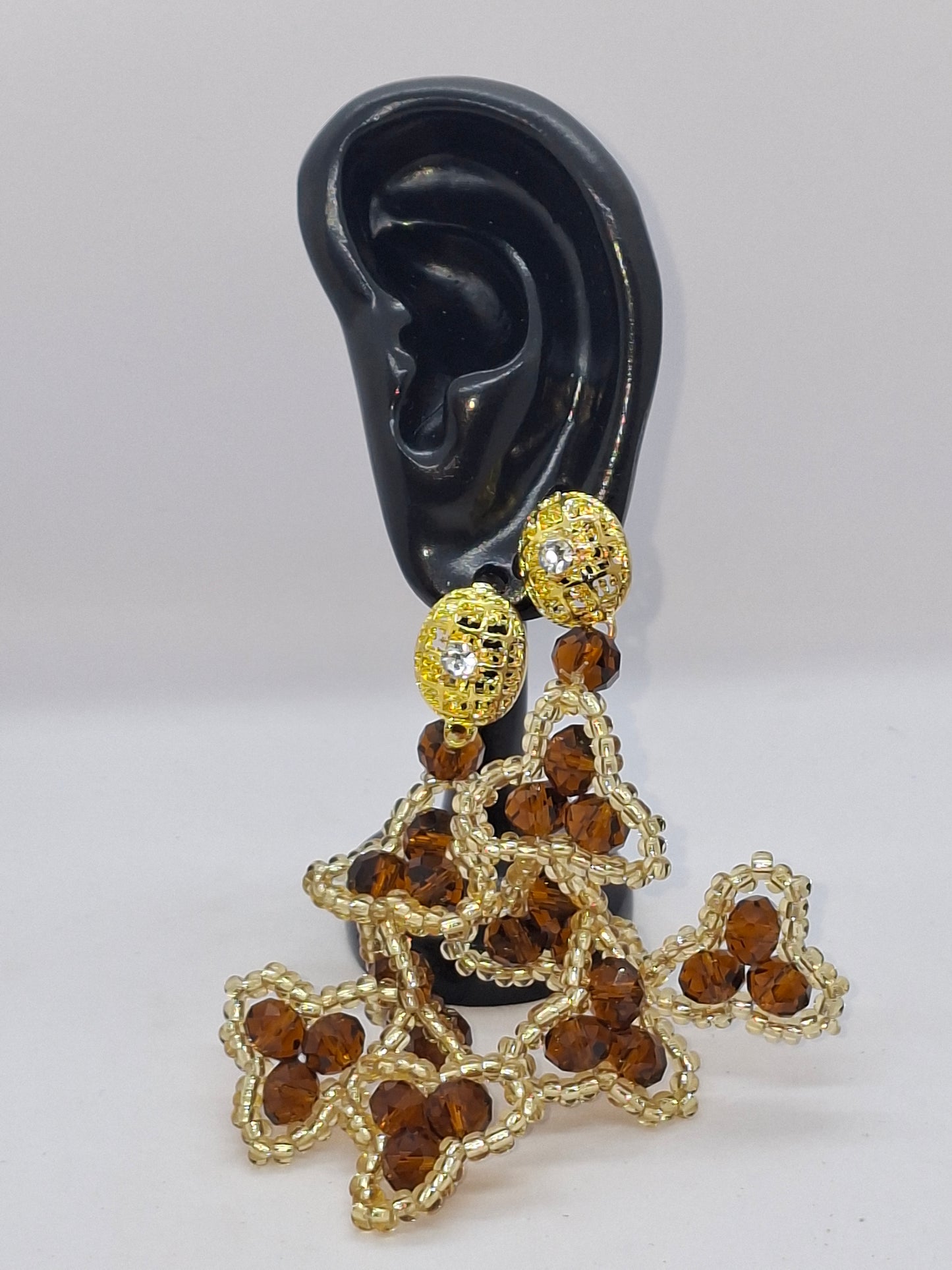 Coffee Brown & Gold Luxury Floral Cluster Beaded Necklace Set with Bracelet & Earrings (DSE-BSS-0001)