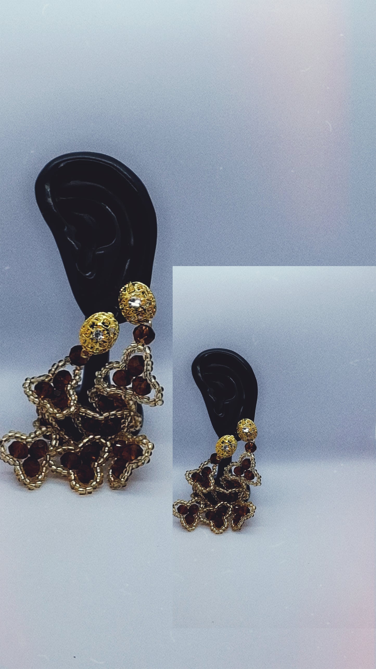 Coffee Brown & Gold Luxury Floral Cluster Beaded Necklace Set with Bracelet & Earrings (DSE-BSS-0001)