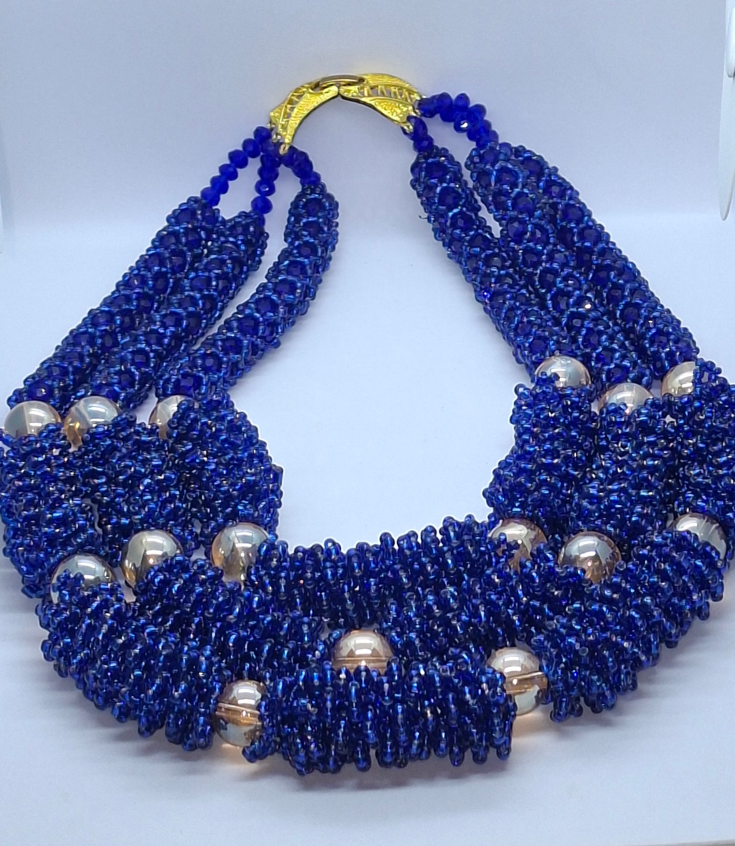 Royal Blue Cluster Beaded Necklace Set with Gold Accent Balls, Bracelet & Earrings (DSE-RBL002)