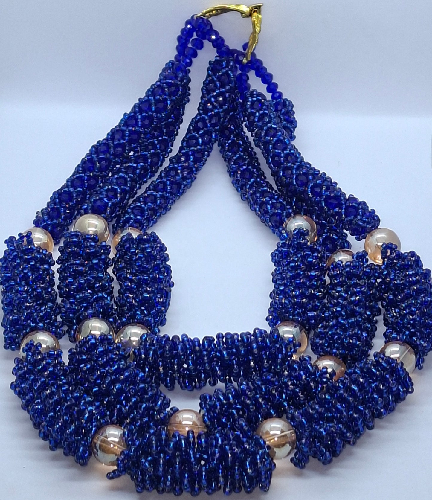 Royal Blue Cluster Beaded Necklace Set with Gold Accent Balls, Bracelet & Earrings (DSE-RBL002)
