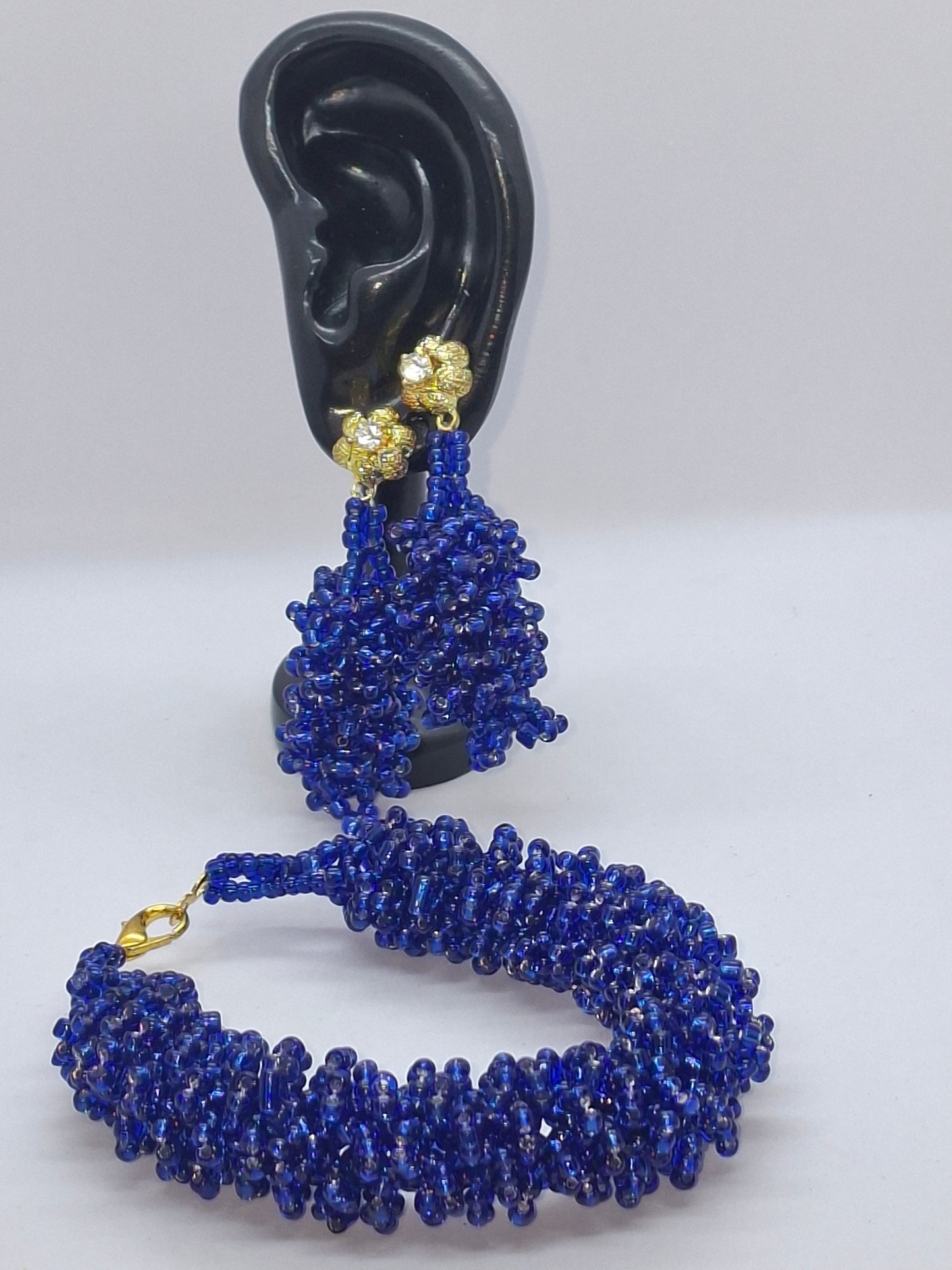 Royal Blue Cluster Beaded Necklace Set with Gold Accent Balls, Bracelet & Earrings (DSE-RBL002)
