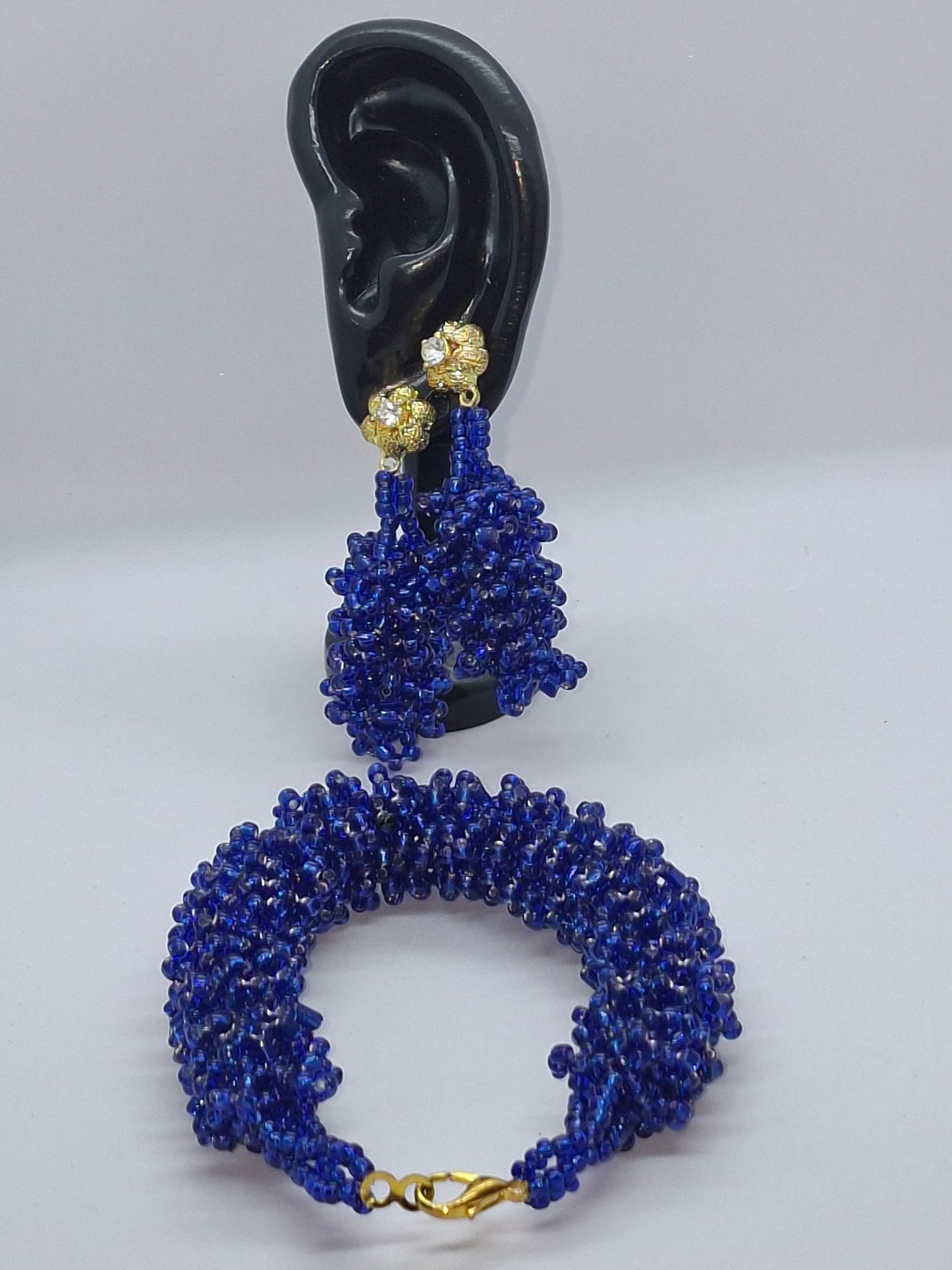 Royal Blue Cluster Beaded Necklace Set with Gold Accent Balls, Bracelet & Earrings (DSE-RBL002)