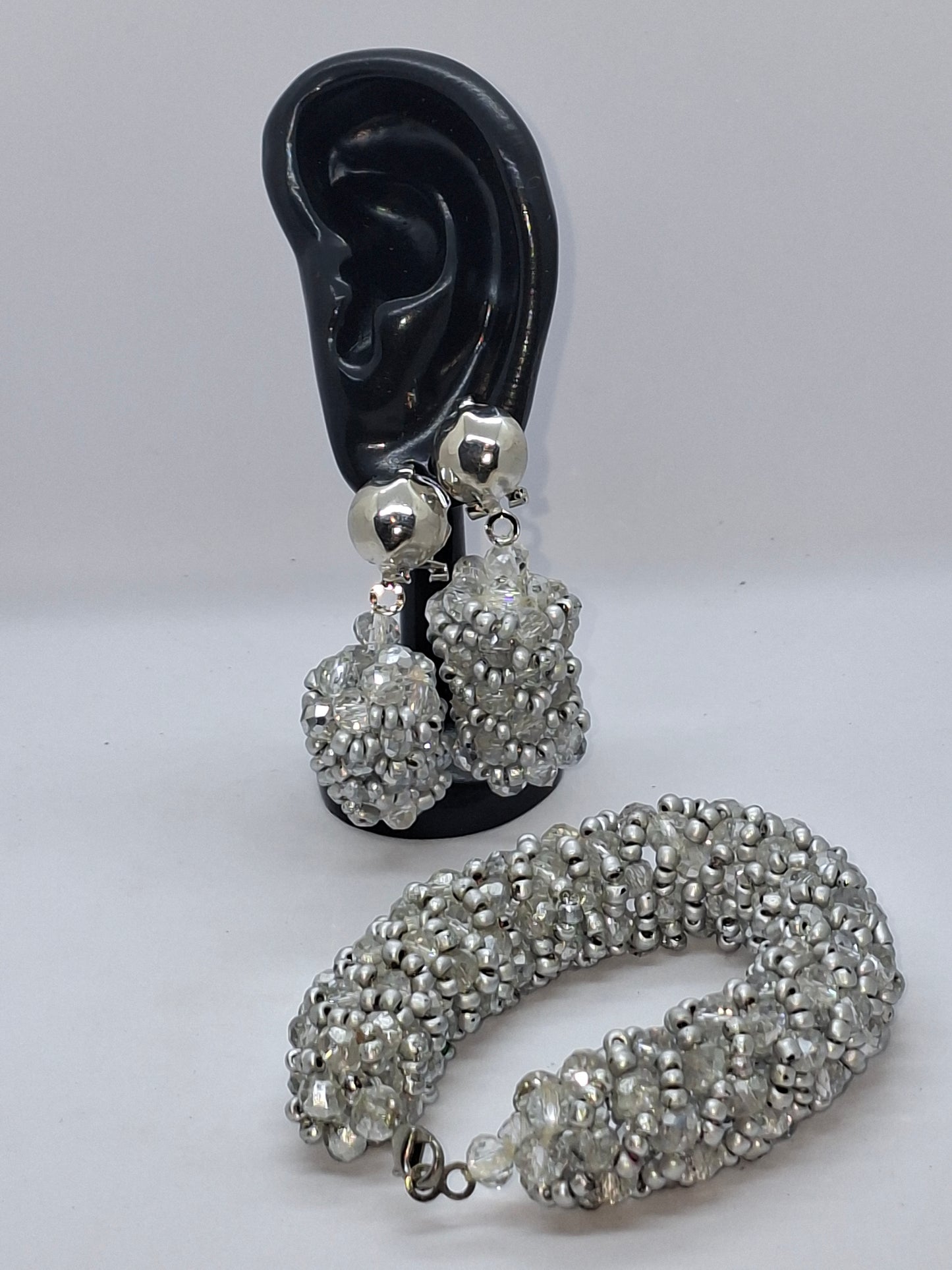 Silver Crystal Floral Luxury Beaded Necklace Set with Bracelet & Earrings (DSE-SCF-0001)