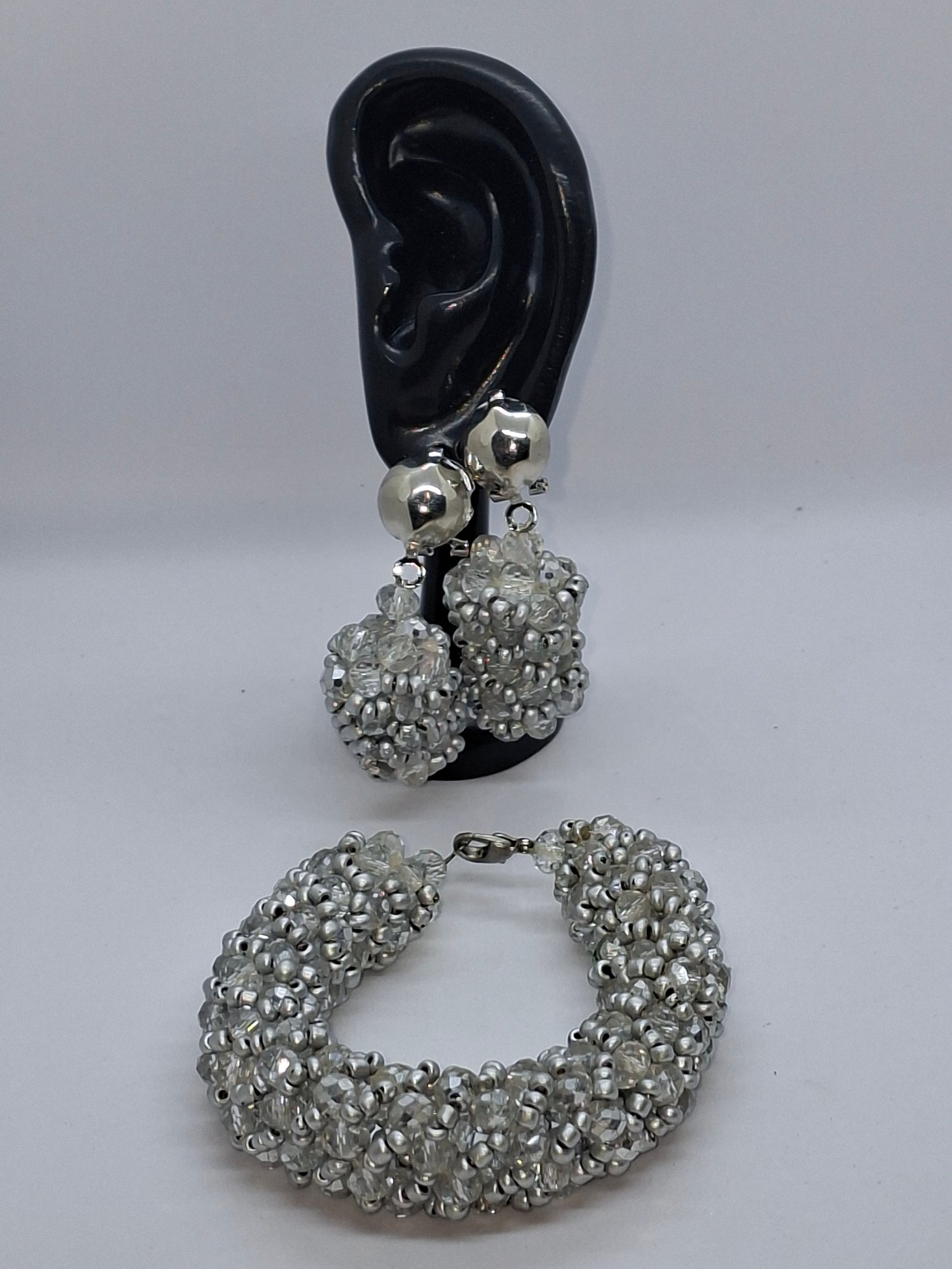 Silver Crystal Floral Luxury Beaded Necklace Set with Bracelet & Earrings (DSE-SCF-0001)