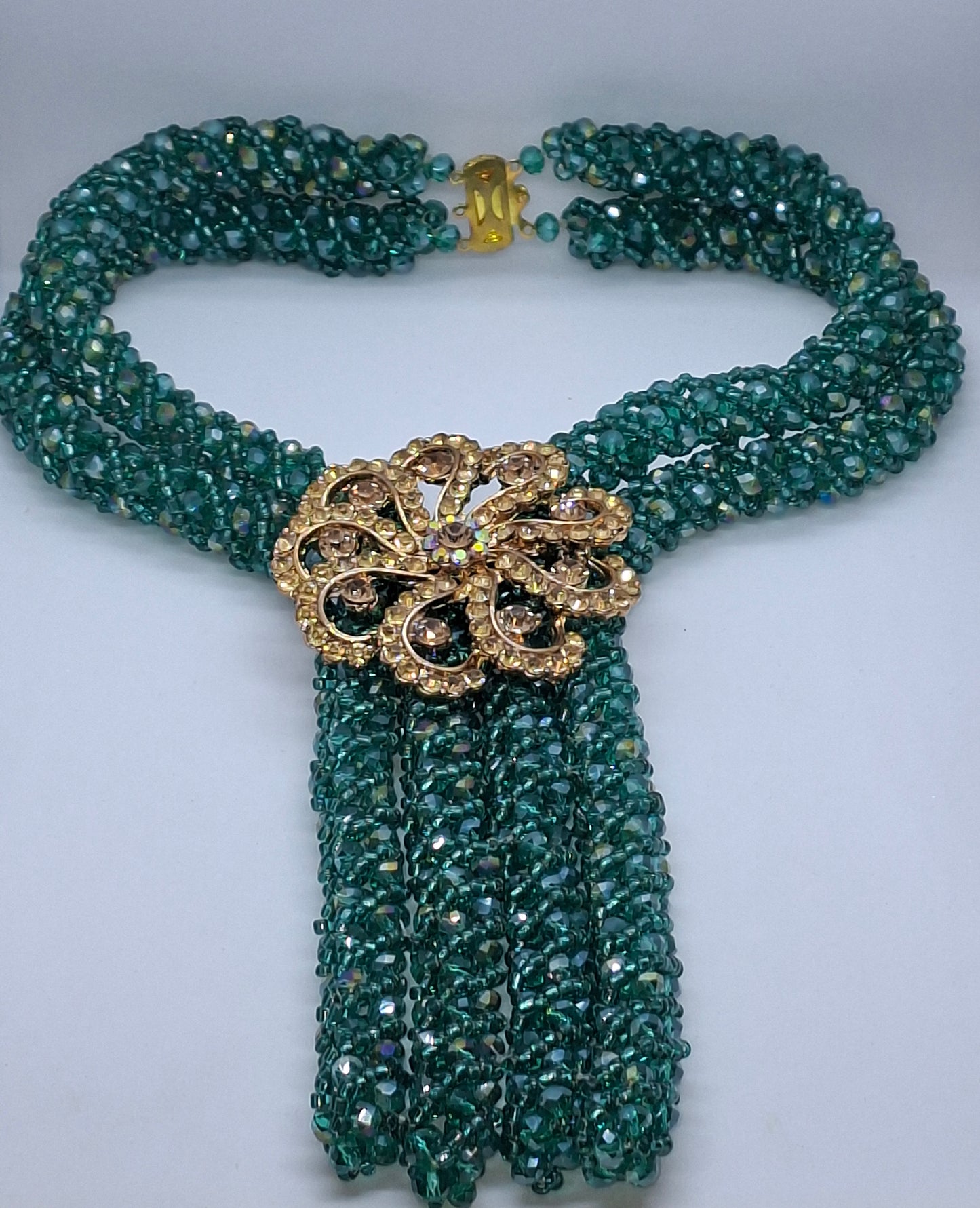 Emerald Green Luxury Multi-Layered Beaded Necklace Set with Gold Crystal Brooch & Earrings(DSE-AGT-0001)