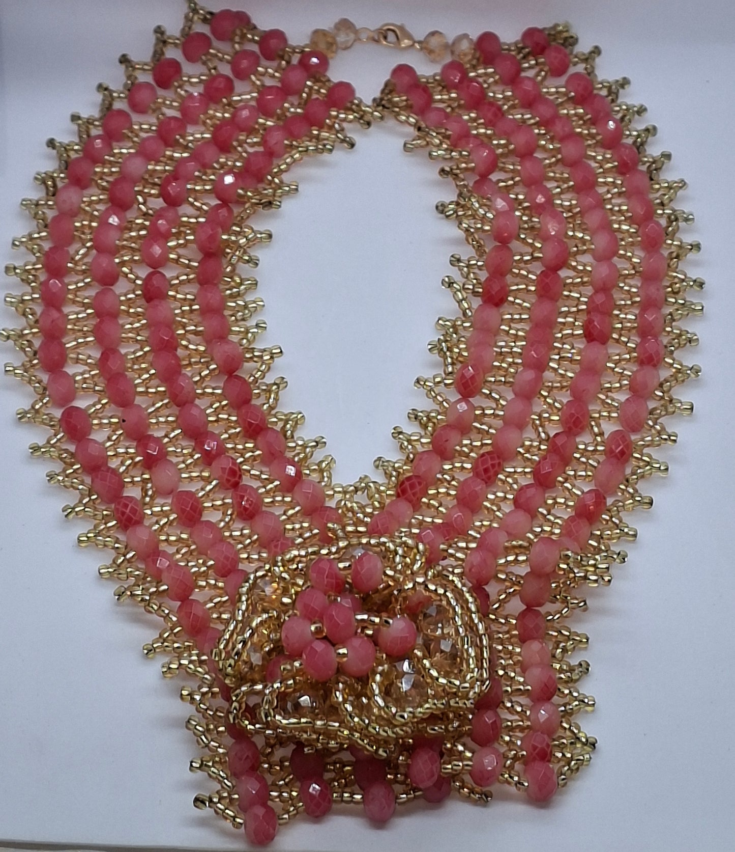 Peach & Gold Luxury Multi-Strand Crystal Beaded Necklace with Statement Brooch, Bracelet and Earrings (DSE-SPG-0001)