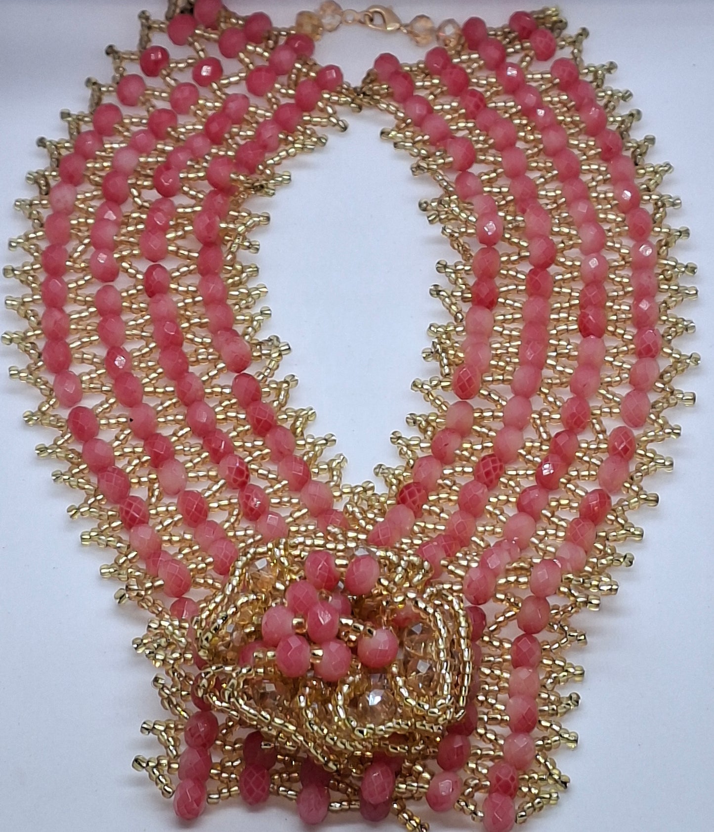 Peach & Gold Luxury Multi-Strand Crystal Beaded Necklace with Statement Brooch, Bracelet and Earrings (DSE-SPG-0001)