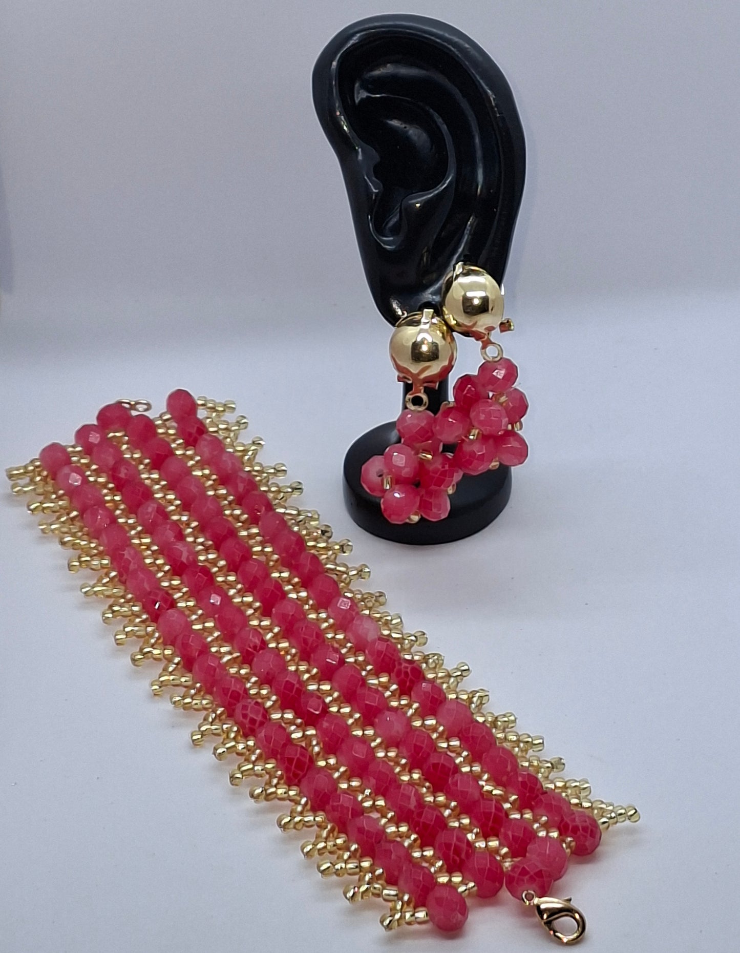 Peach & Gold Luxury Multi-Strand Crystal Beaded Necklace with Statement Brooch, Bracelet and Earrings (DSE-SPG-0001)