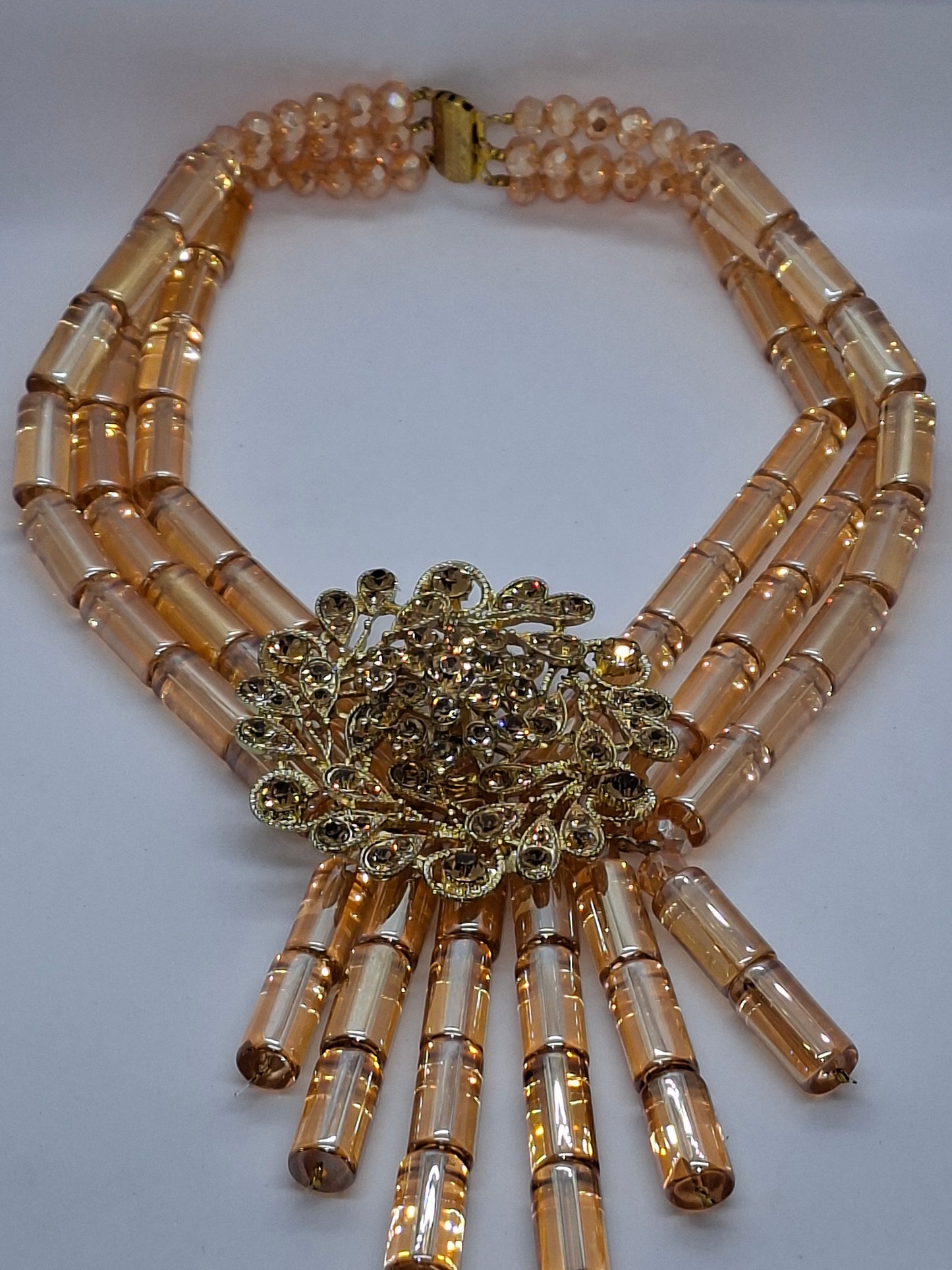 Champagne Gold Luxury Tube Beaded Necklace Set with Crystal Brooch, Bracelet & Earrings (DSE-GLDT-001)