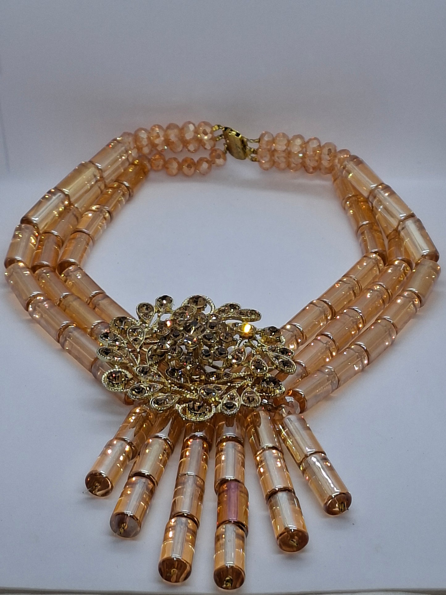 Champagne Gold Luxury Tube Beaded Necklace Set with Crystal Brooch, Bracelet & Earrings (DSE-GLDT-001)