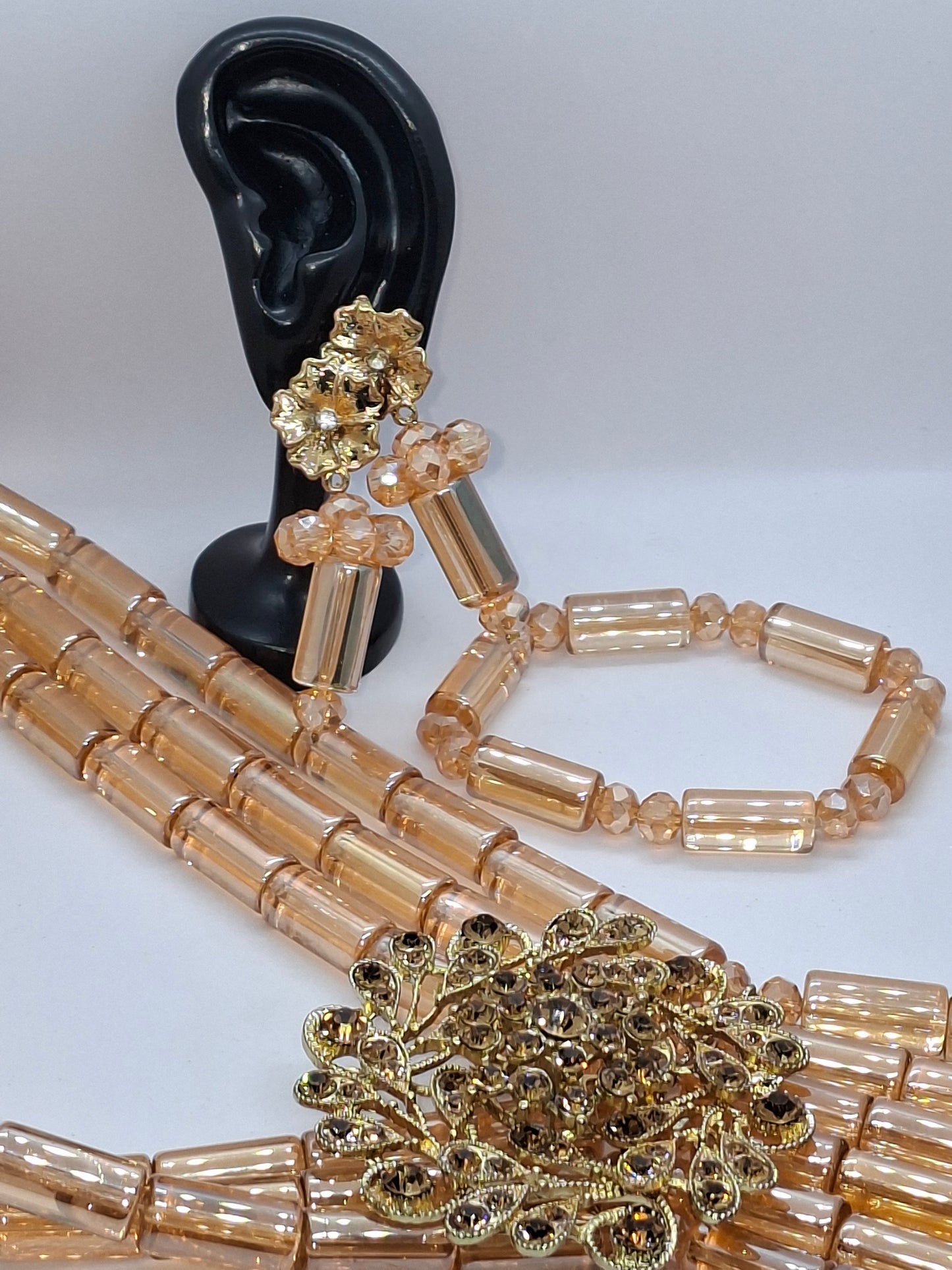 Champagne Gold Luxury Tube Beaded Necklace Set with Crystal Brooch, Bracelet & Earrings (DSE-GLDT-001)