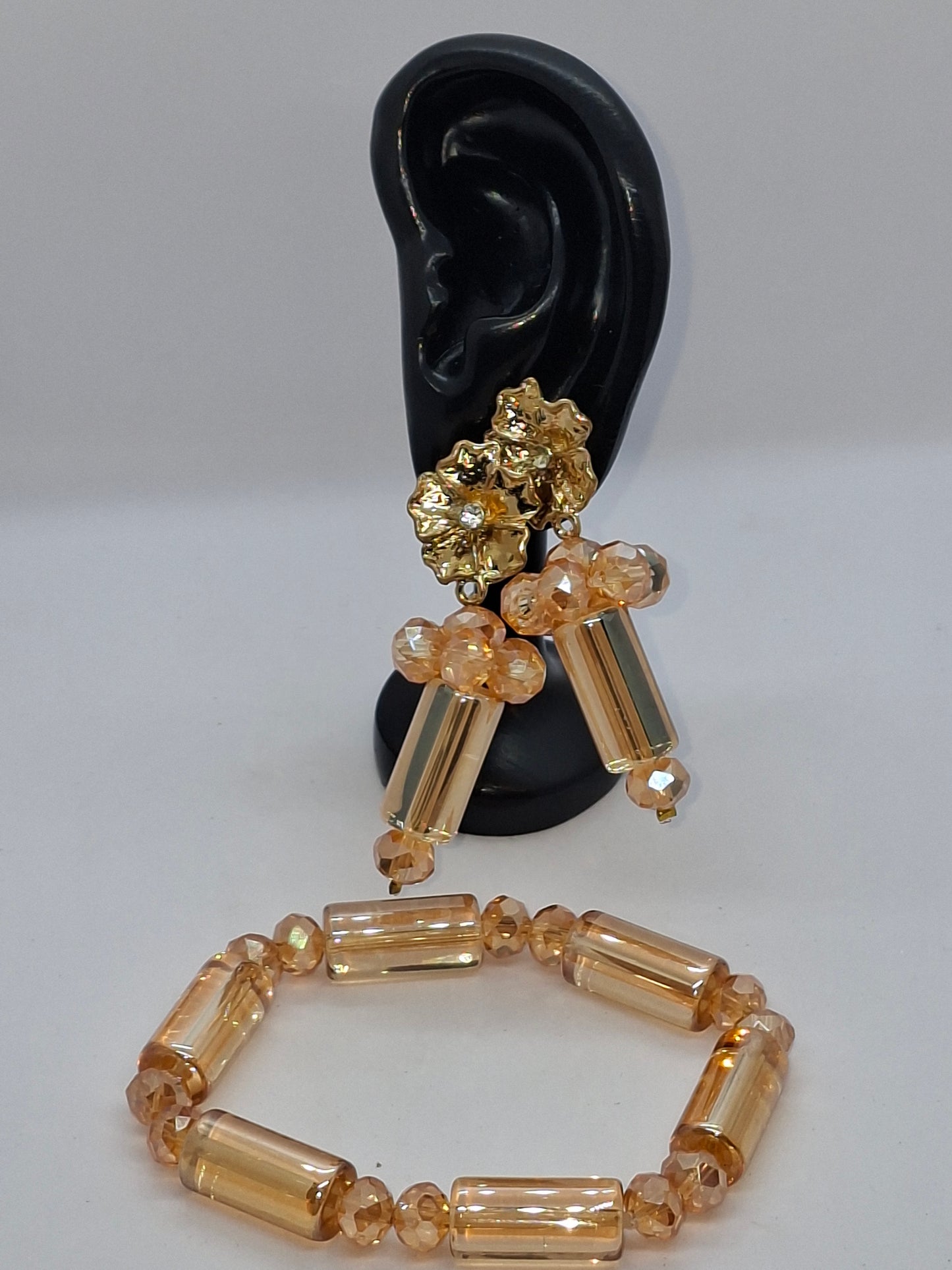 Champagne Gold Luxury Tube Beaded Necklace Set with Crystal Brooch, Bracelet & Earrings (DSE-GLDT-001)