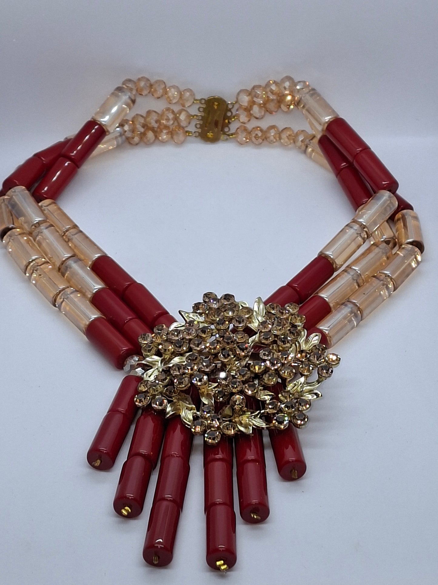 Red and Champagne Crystal glass tube with brooch necklace and bracelet and earrings (DSE-GLDWT-003)