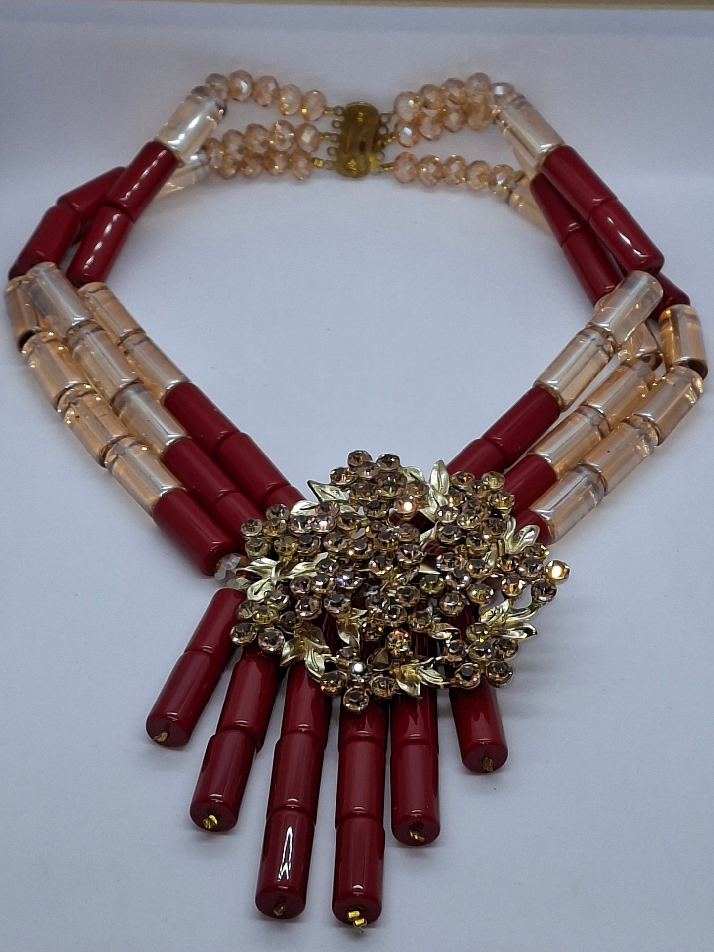 Red and Champagne Crystal glass tube with brooch necklace and bracelet and earrings (DSE-GLDWT-003)