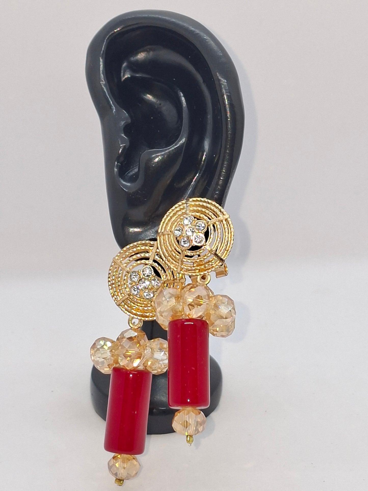 Red and Champagne Crystal glass tube with brooch necklace and bracelet and earrings (DSE-GLDWT-003)