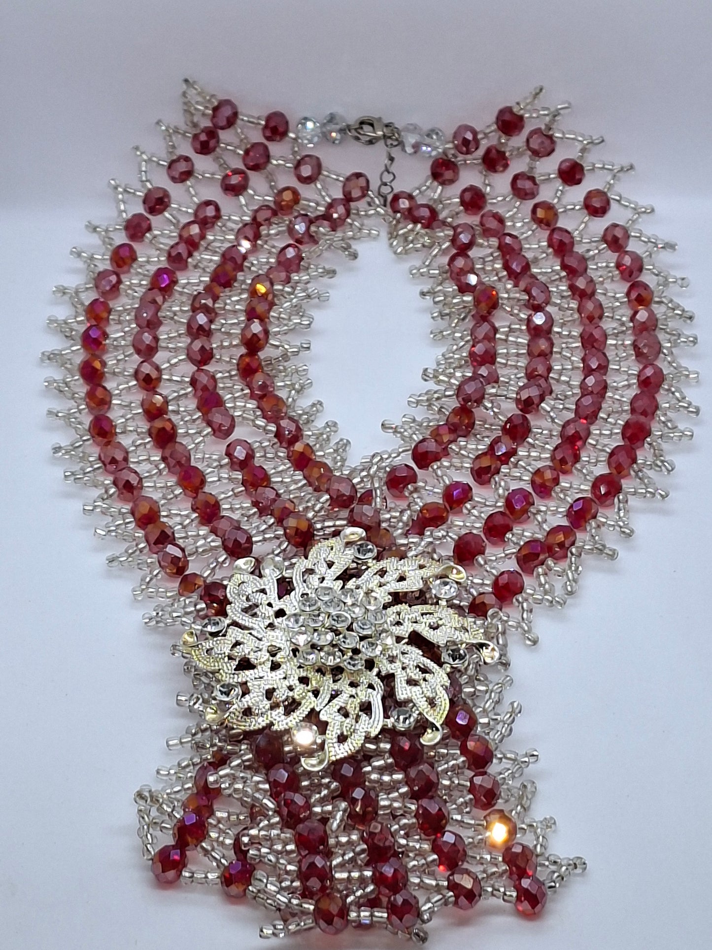 Red & Silver Luxury Multi-Strand Crystal Beaded Necklace Set with Statement Brooch & Earrings (DSE-RSS-0001)