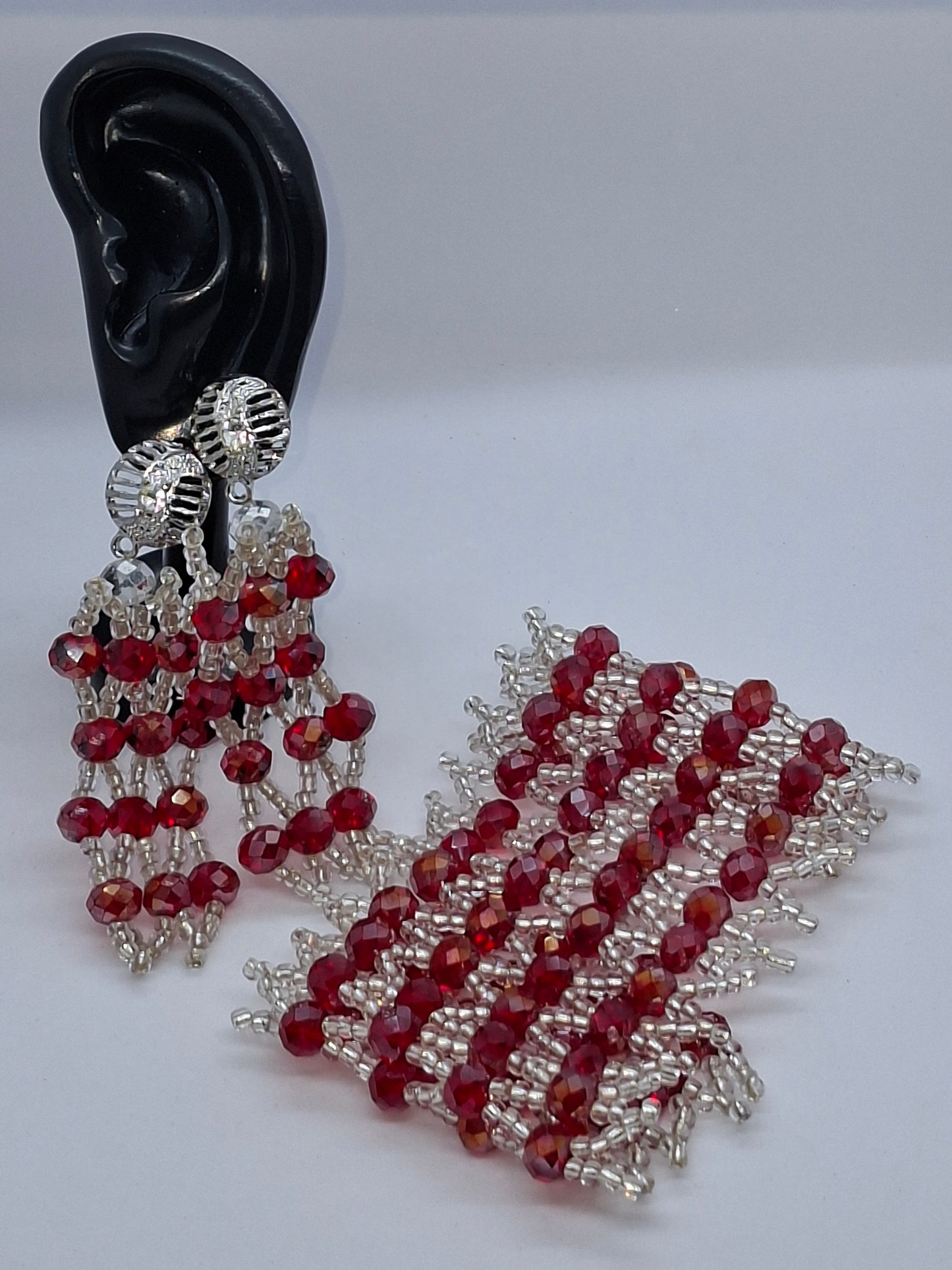 Red & Silver Luxury Multi-Strand Crystal Beaded Necklace Set with Statement Brooch & Earrings (DSE-RSS-0001)