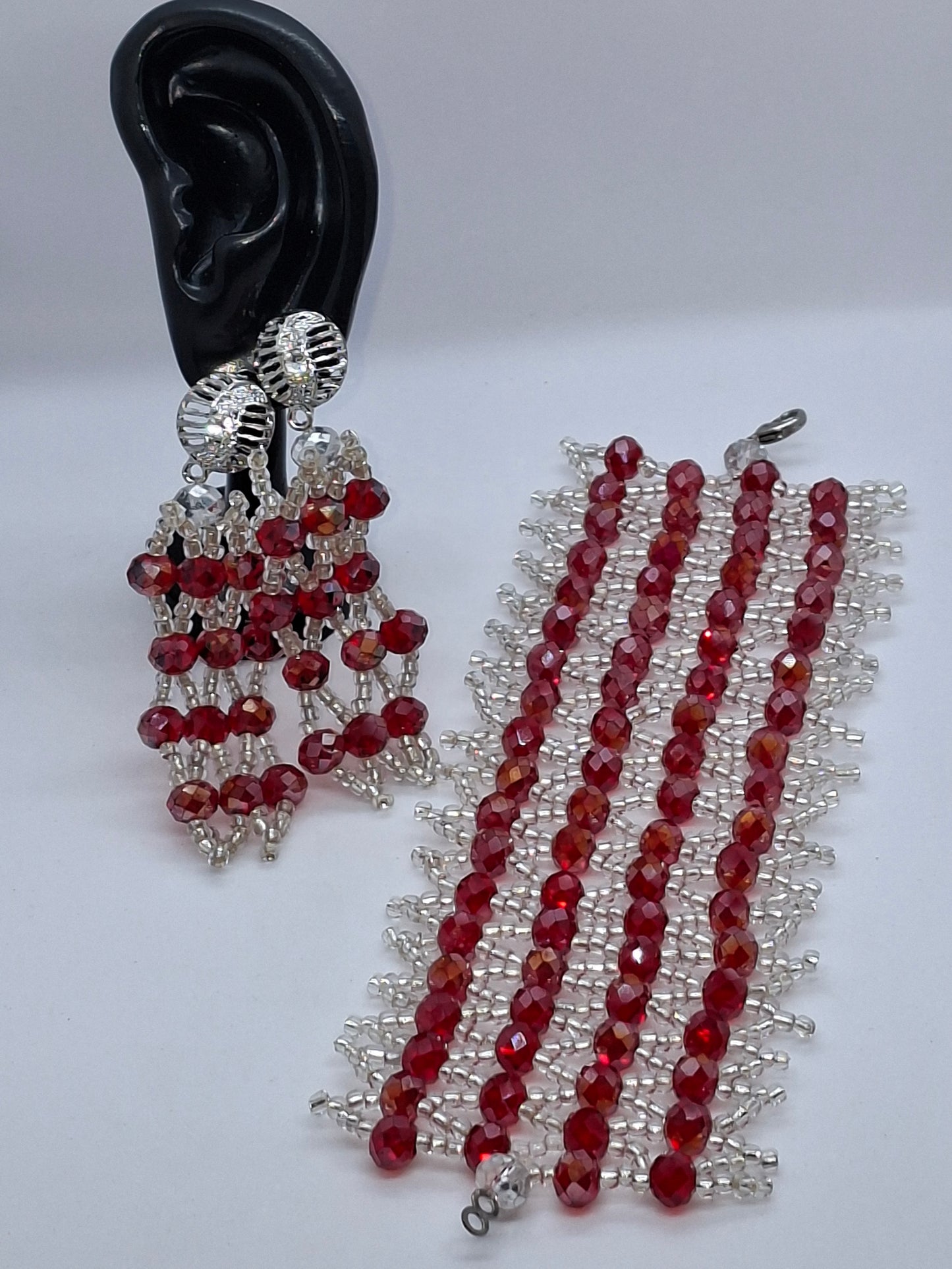 Red & Silver Luxury Multi-Strand Crystal Beaded Necklace Set with Statement Brooch & Earrings (DSE-RSS-0001)