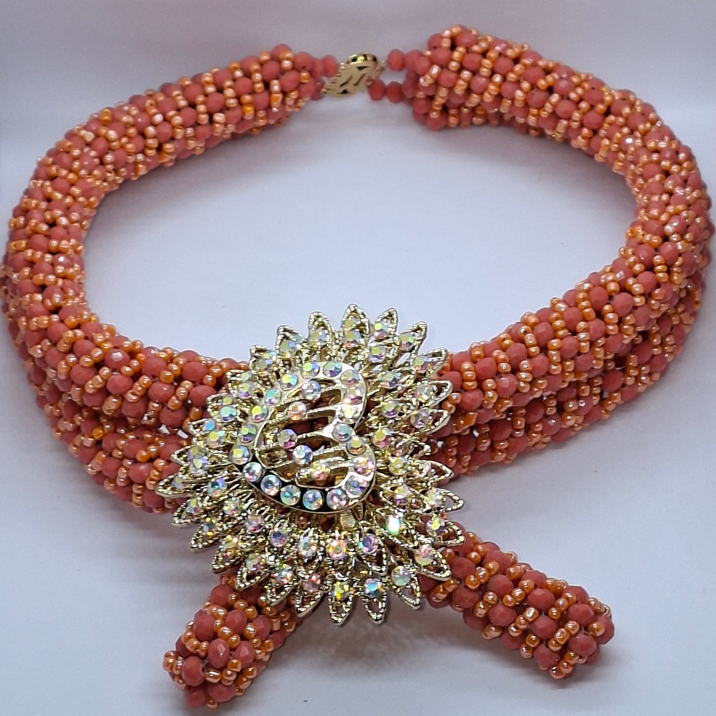 Coral Luxury Multi-Layered Beaded Necklace Set with Crystal Brooch & Earrings (DSE-LSC-0001)