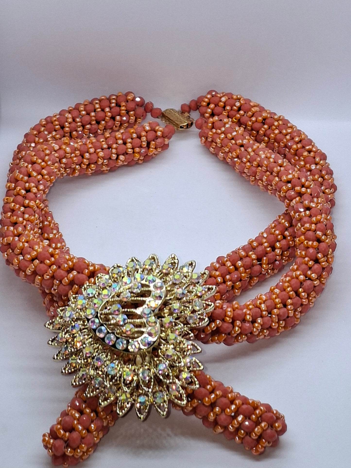 Coral Luxury Multi-Layered Beaded Necklace Set with Crystal Brooch & Earrings (DSE-LSC-0001)