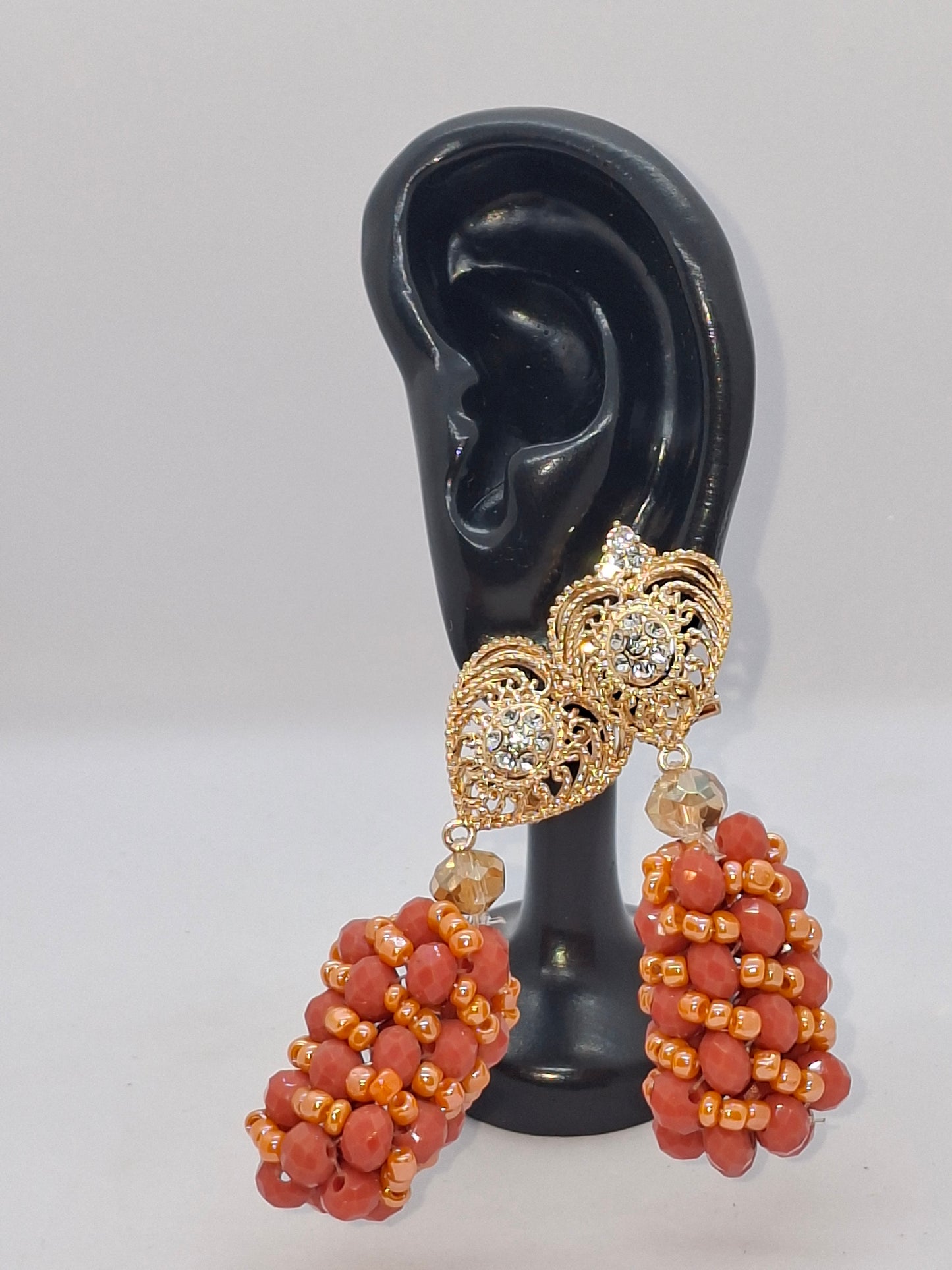 Coral Luxury Multi-Layered Beaded Necklace Set with Crystal Brooch & Earrings (DSE-LSC-0001)