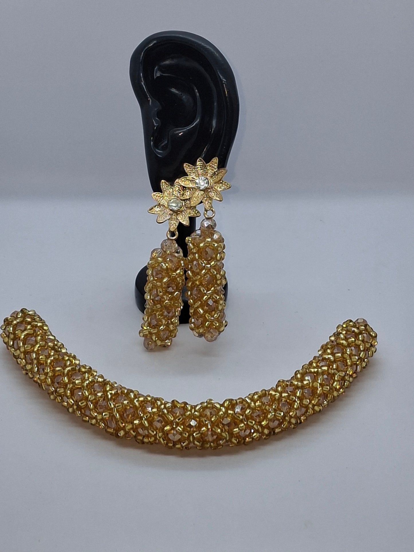 Champagne Gold Luxury Knot Beaded Necklace Set with Bracelet & Earrings (DSE-GLD-0001)