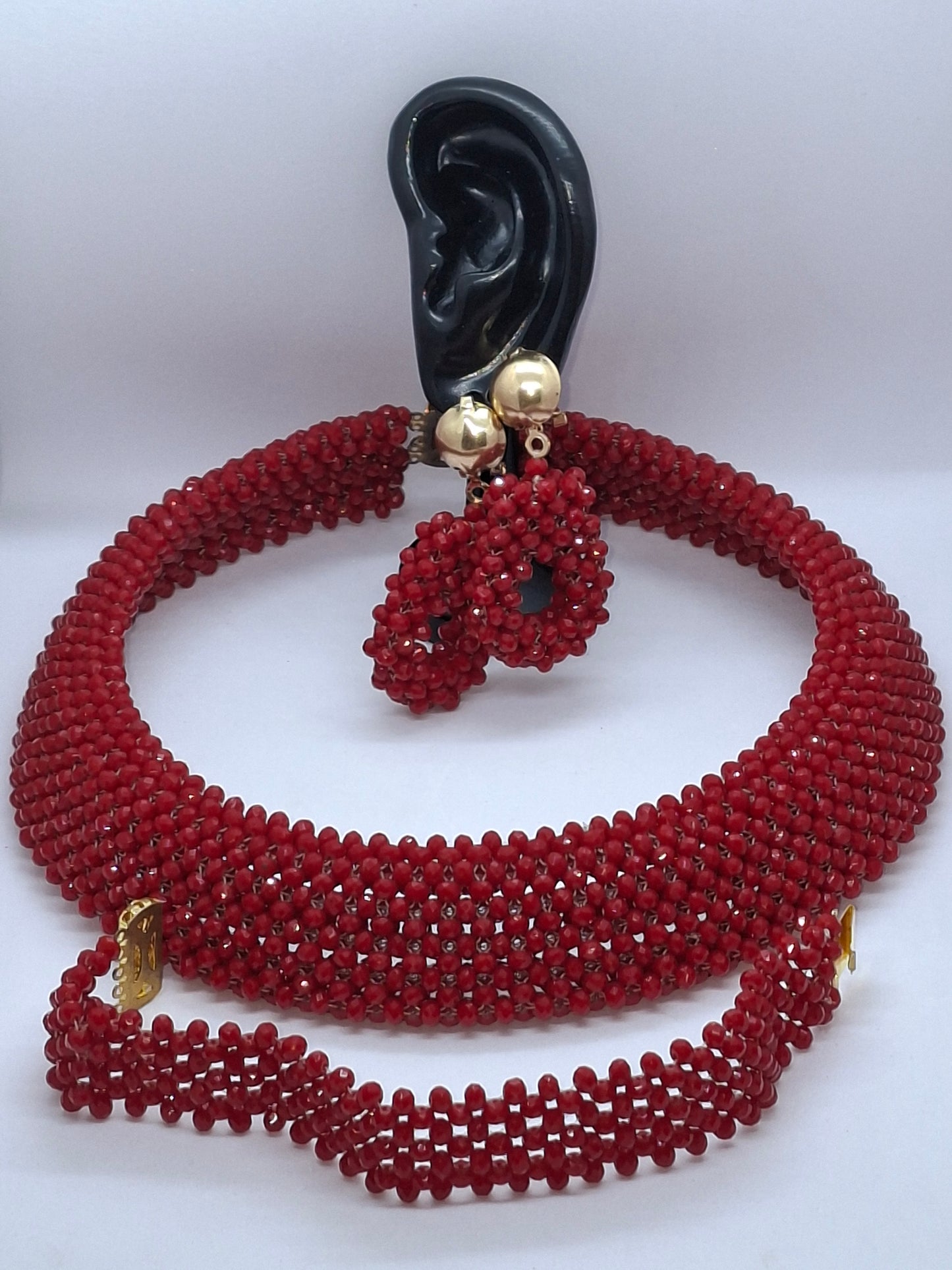Ruby Red Luxury Handcrafted Beaded Necklace Set with Bracelet & Earrings (DSE-RNS-0001)