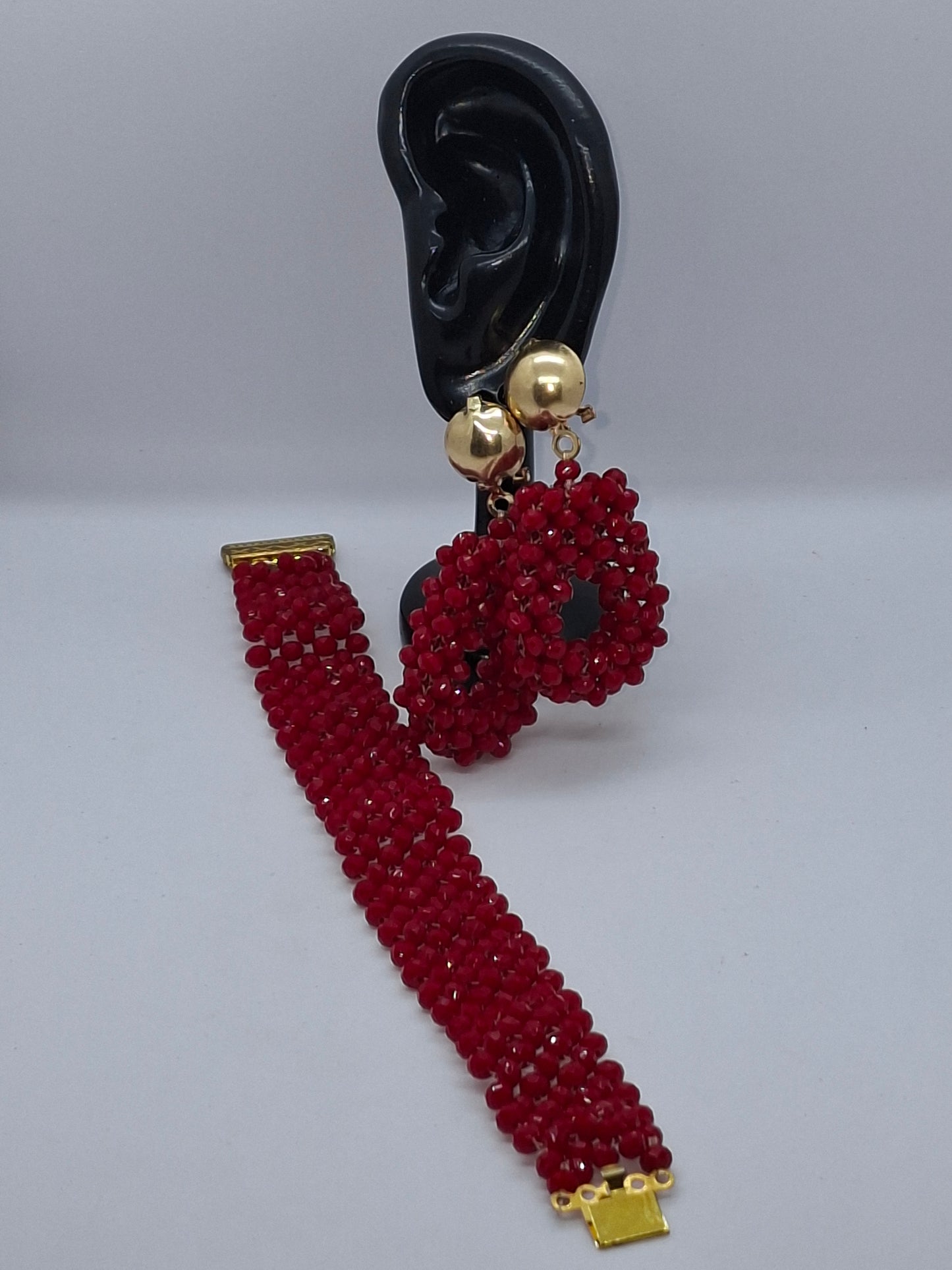 Ruby Red Luxury Handcrafted Beaded Necklace Set with Bracelet & Earrings (DSE-RNS-0001)