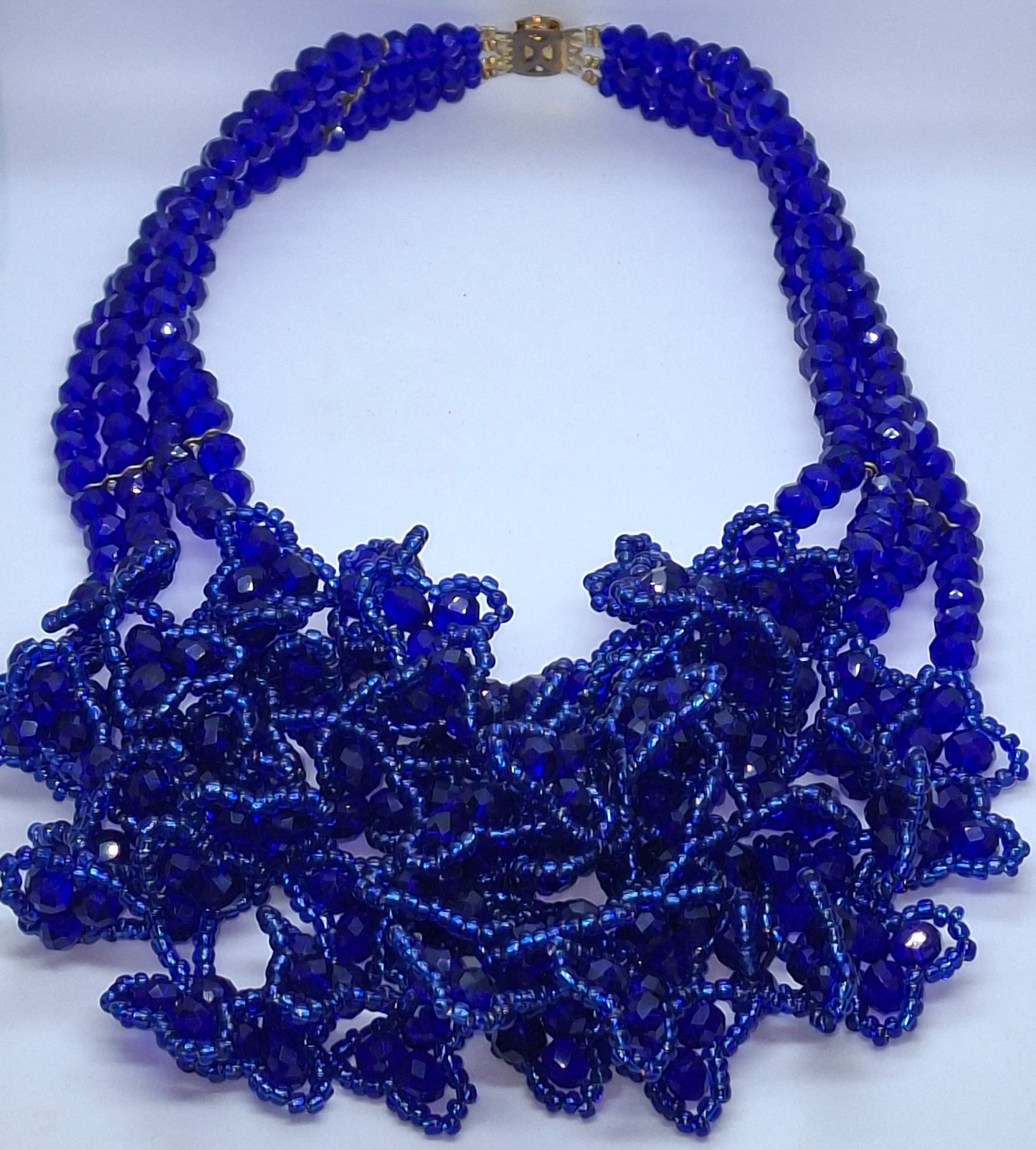 Royal Blue Luxury Floral Cluster Beaded Necklace Set with Bracelet & Earrings (DSE-BL-0001