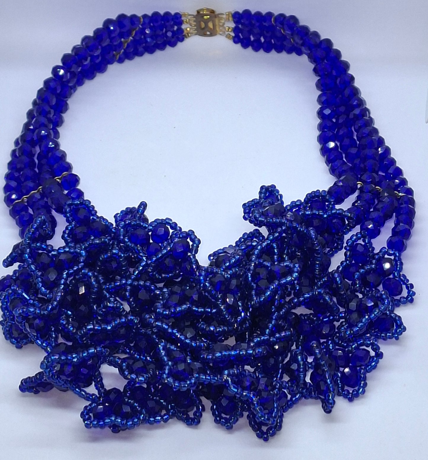Royal Blue Luxury Floral Cluster Beaded Necklace Set with Bracelet & Earrings (DSE-BL-0001
