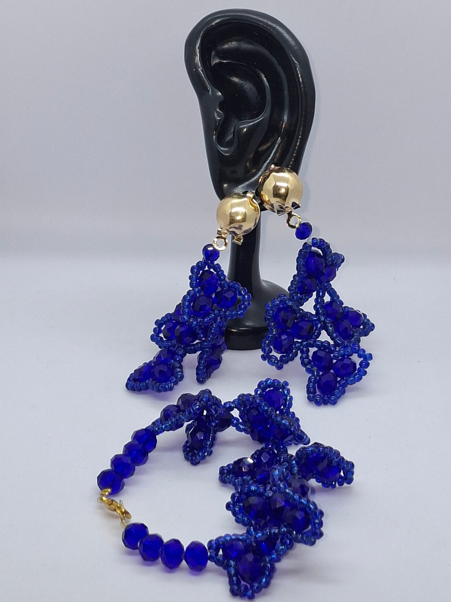 Royal Blue Luxury Floral Cluster Beaded Necklace Set with Bracelet & Earrings (DSE-BL-0001
