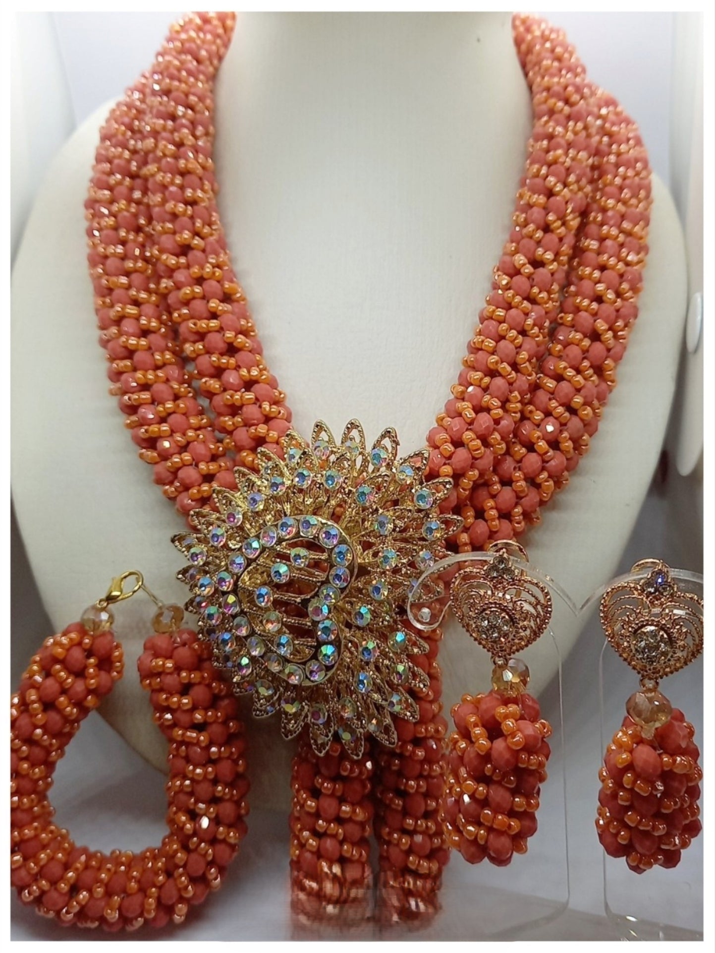 Coral Luxury Multi-Layered Beaded Necklace Set with Crystal Brooch & Earrings (DSE-LSC-0001)